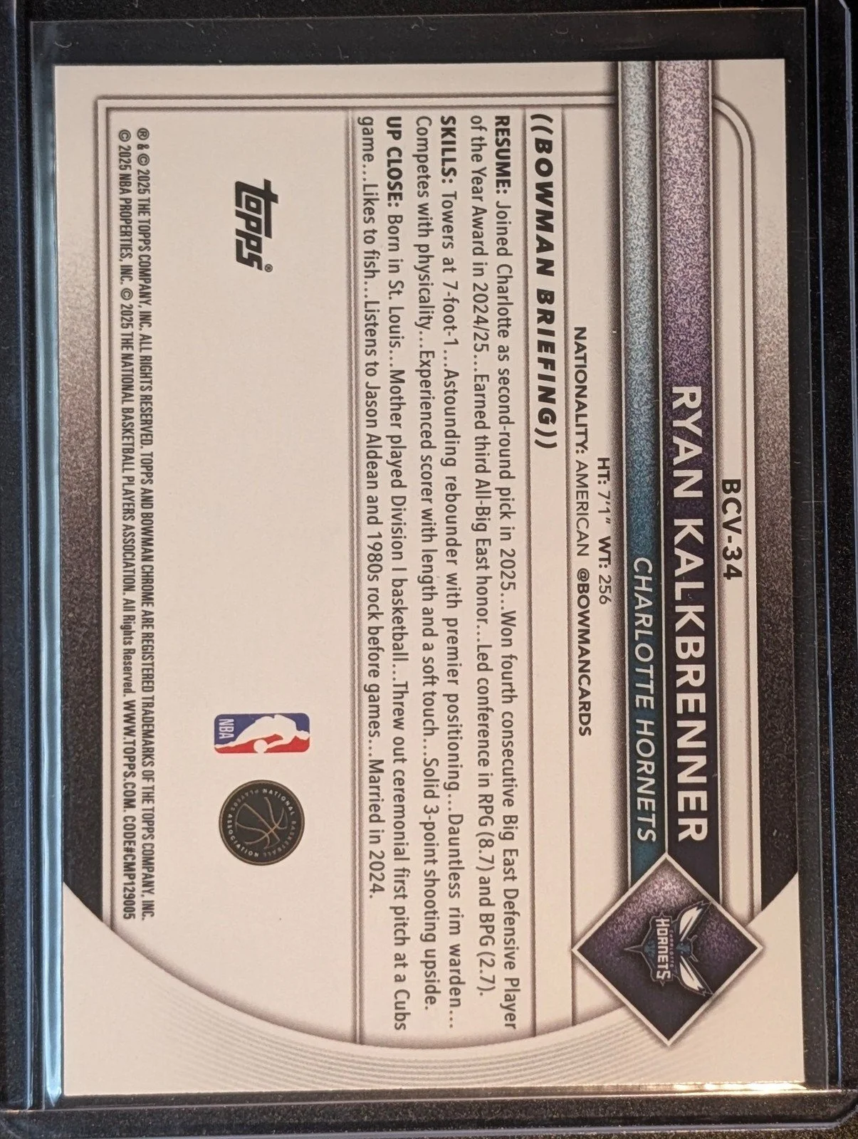 Back of 2025-26 Bowman #34 Ryan Kalkbrenner