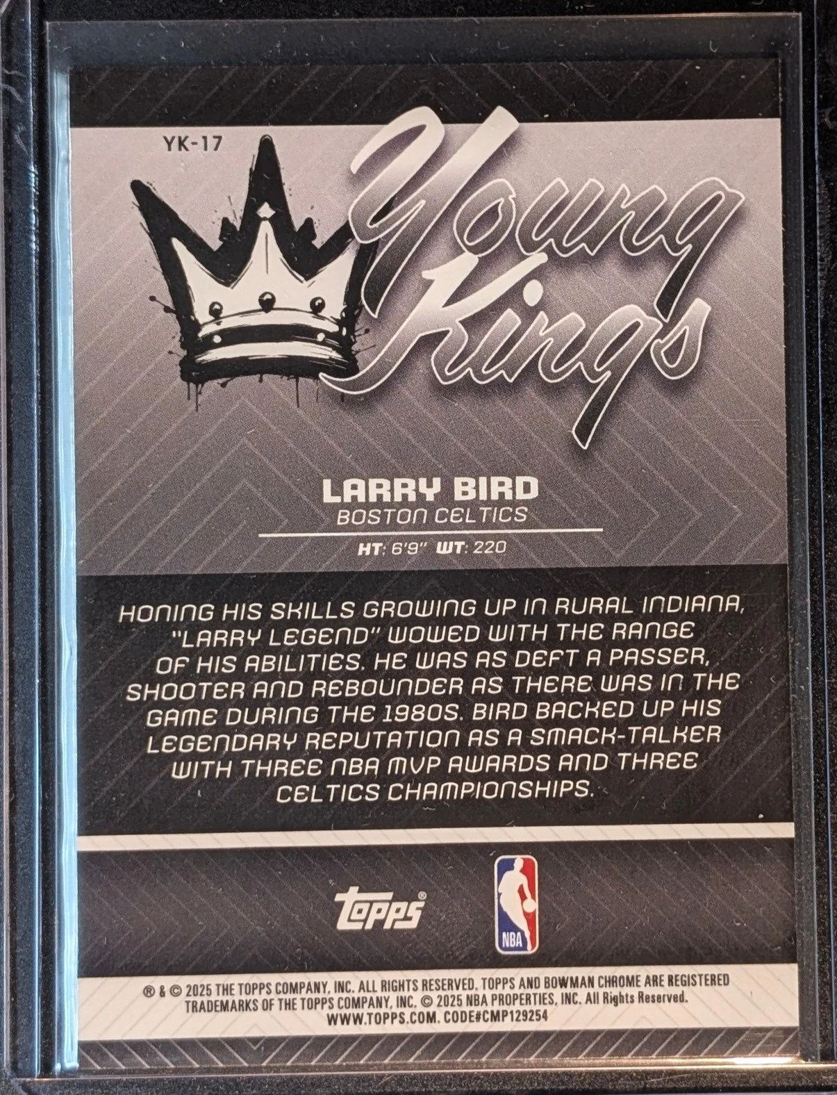 Back of 2025-26 Bowman #YK-17 Larry Bird Young Kings