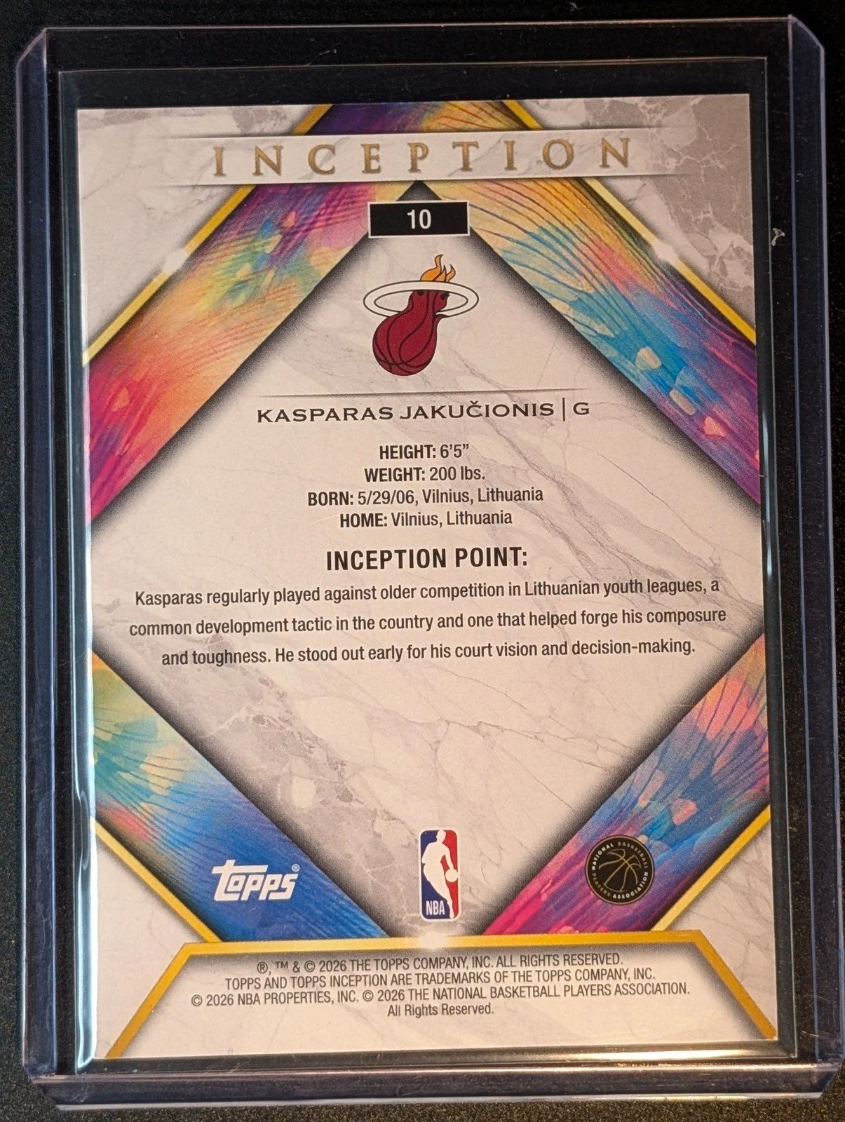 Back of 2025-26 Topps Inception #10 Kasparas Jakučionis Jakucionis Rookie