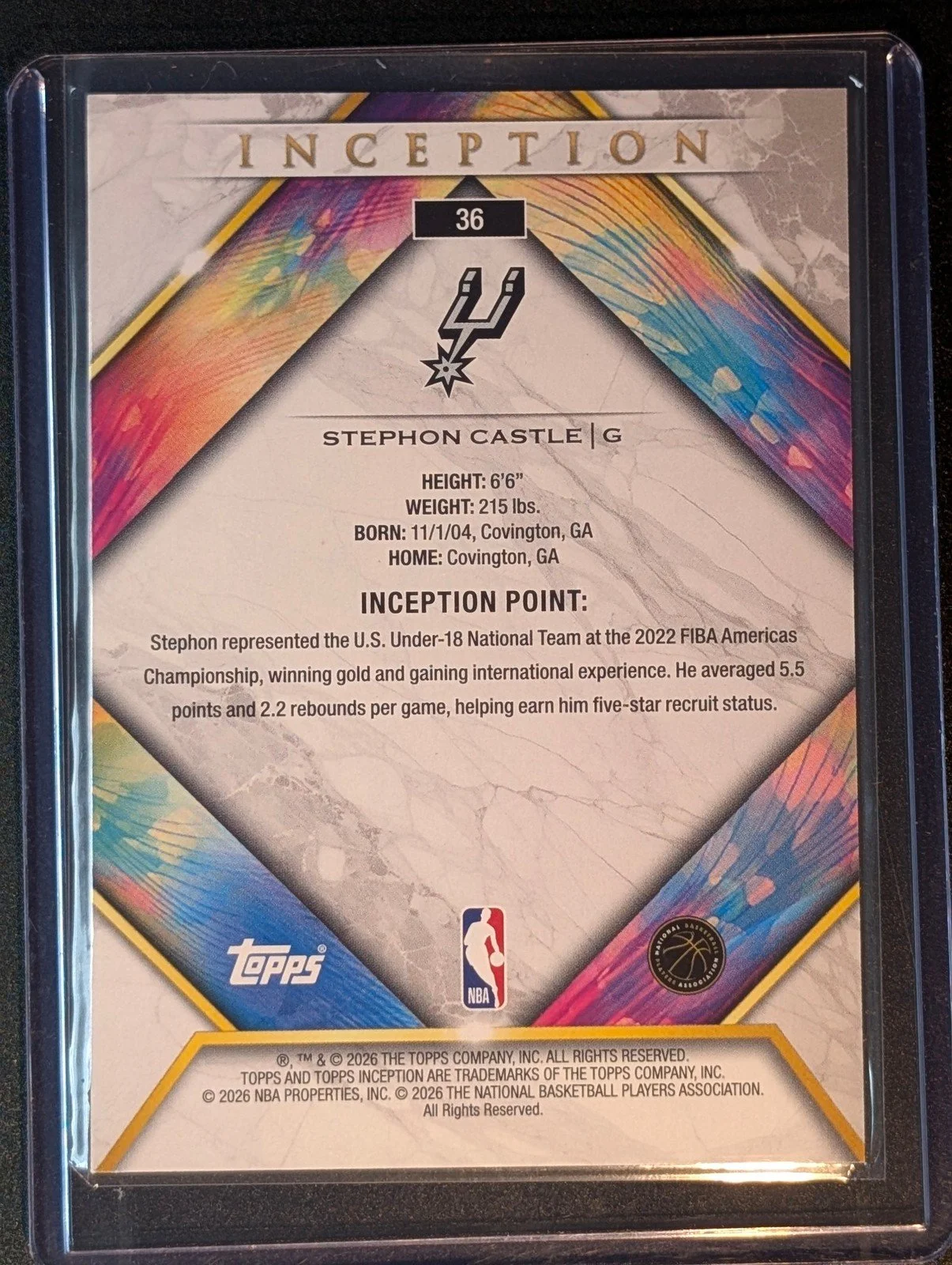 Back of 2025-26 Topps Inception #36 Stephon Castle