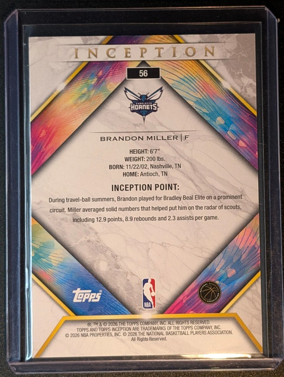 Back of 2025-26 Topps Inception #56 Brandon Miller Purple #/125
