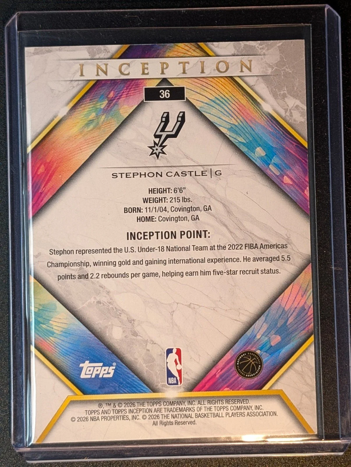 Back of 2025-26 Topps Inception /99 #36 Stephon Castle Pink