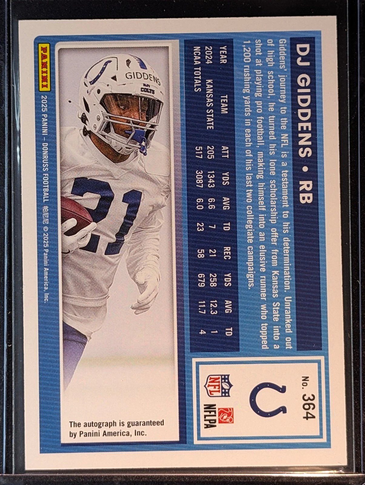 Back of 2025 Donruss Optic #258 DJ Giddens Rated Rookies Autographs Green