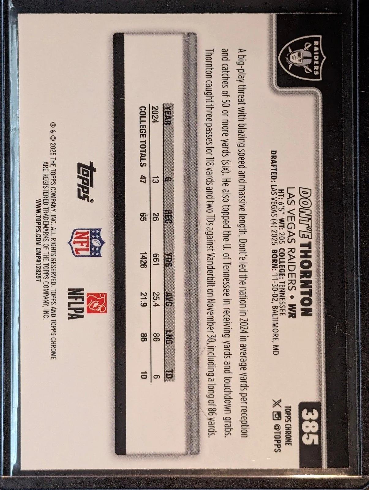 Back of 2025 Topps Chrome #385 Dont'e Thornton Jr. Rookie
