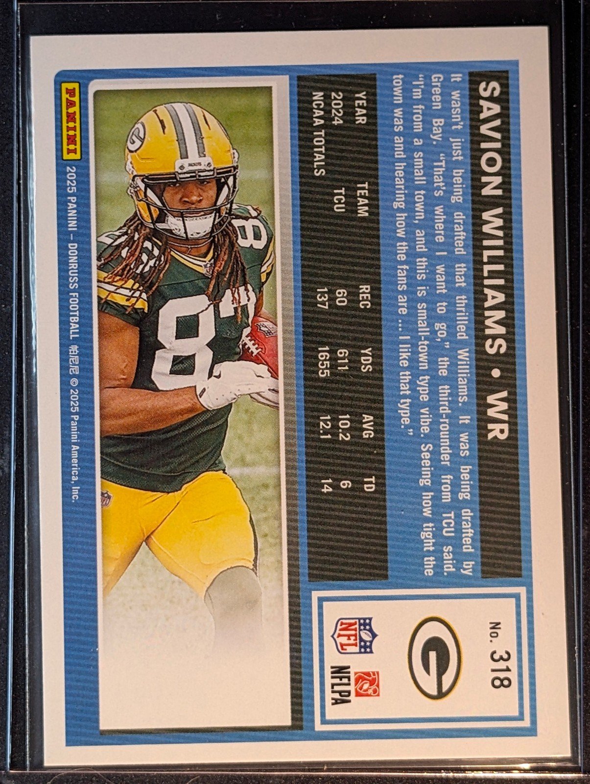 Back of 2025 Donruss #318 Savion Williams Press Proofs Green
