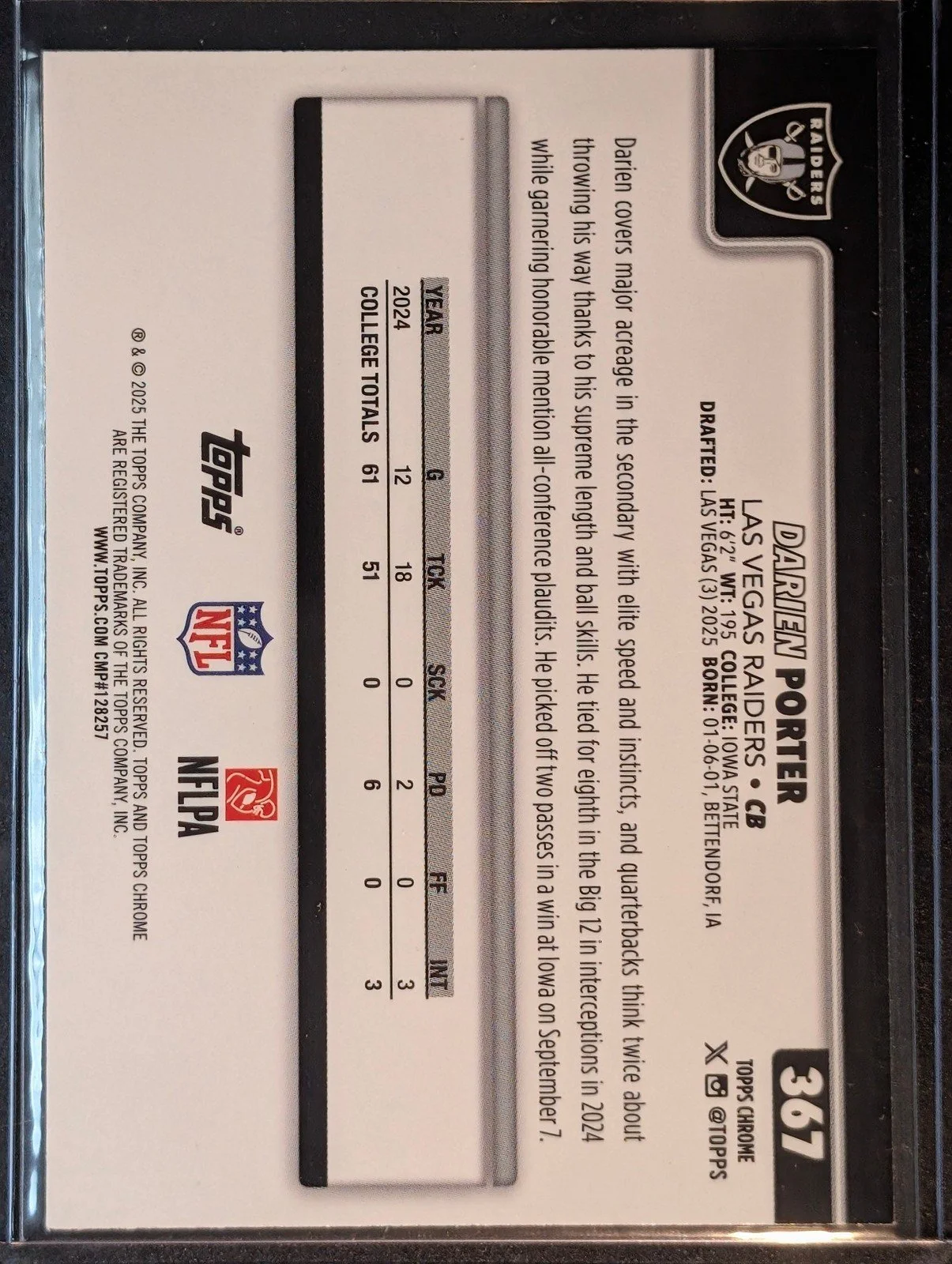 Back of 2025 Topps Chrome #367 Darien Porter