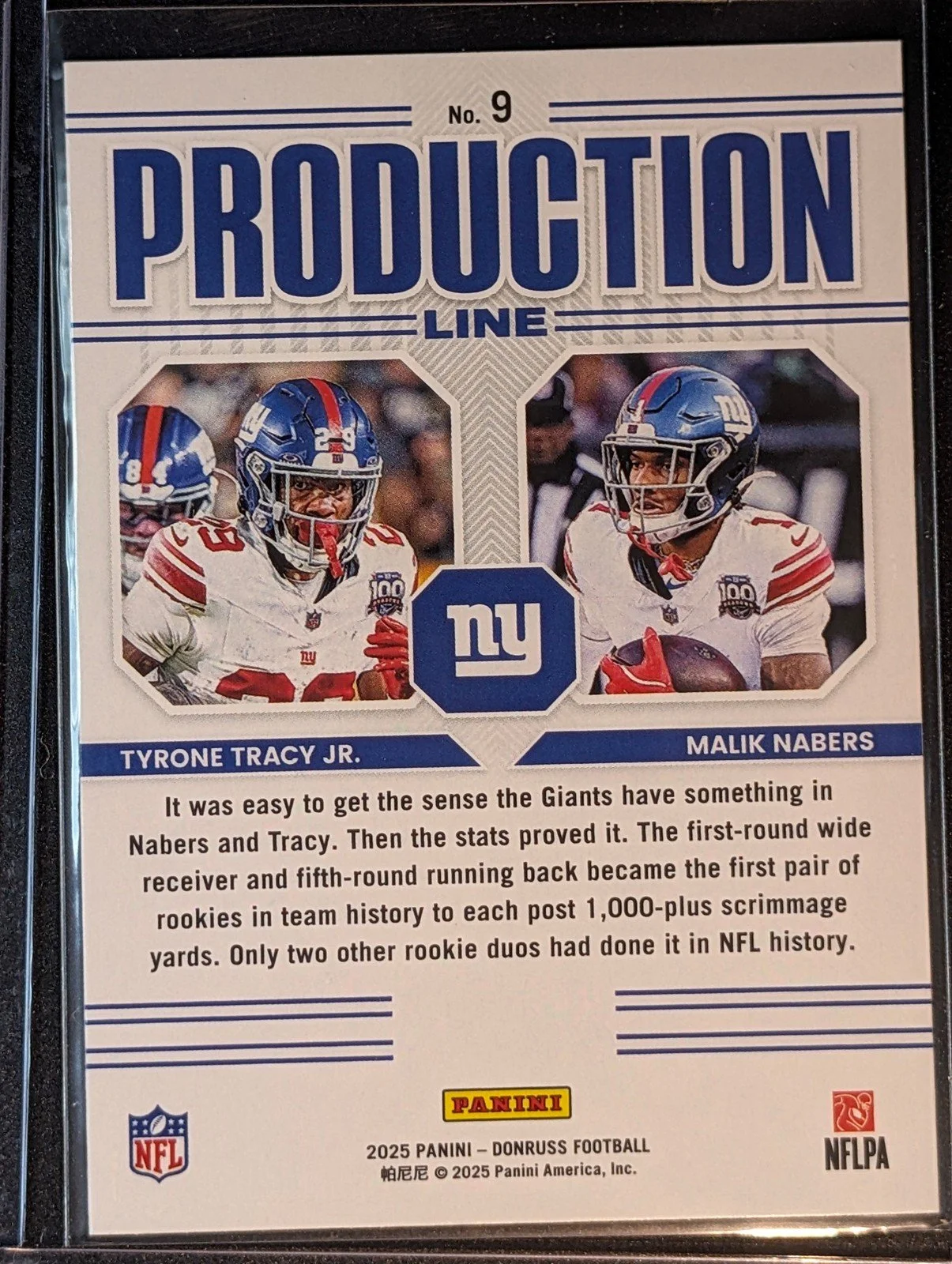 Back of 2025 Donruss #9 Malik Nabers / Tyrone Tracy Jr. Production Line