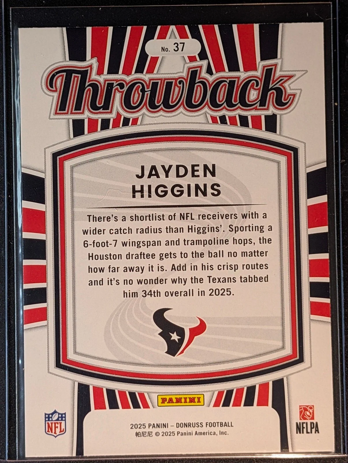 Back of 2025 Donruss #37 Jayden Higgins Rated Rookies Throwback