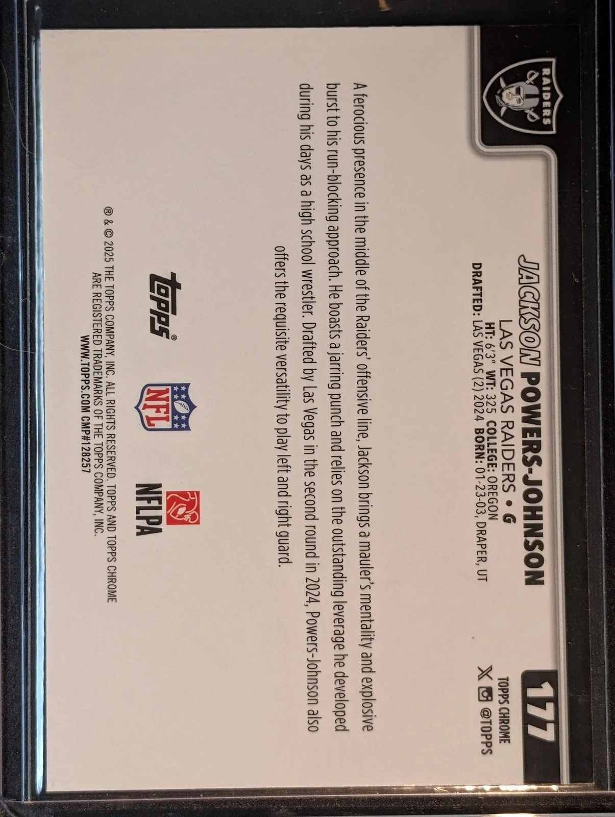 Back of 2025 Topps Chrome #177 Jackson Powers-Johnson X-Fractor