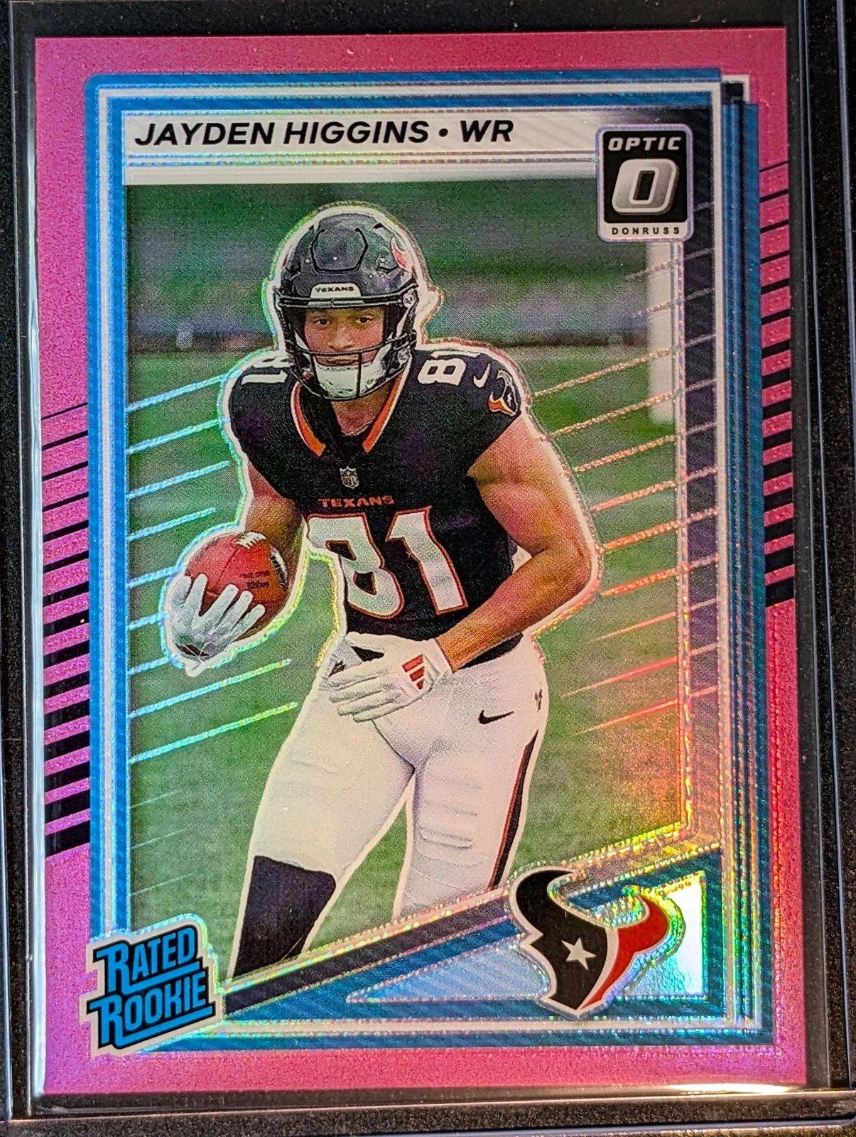 Front of 2025 Donruss #334 Jayden Higgins Optic Rated Rookies Preview Pink