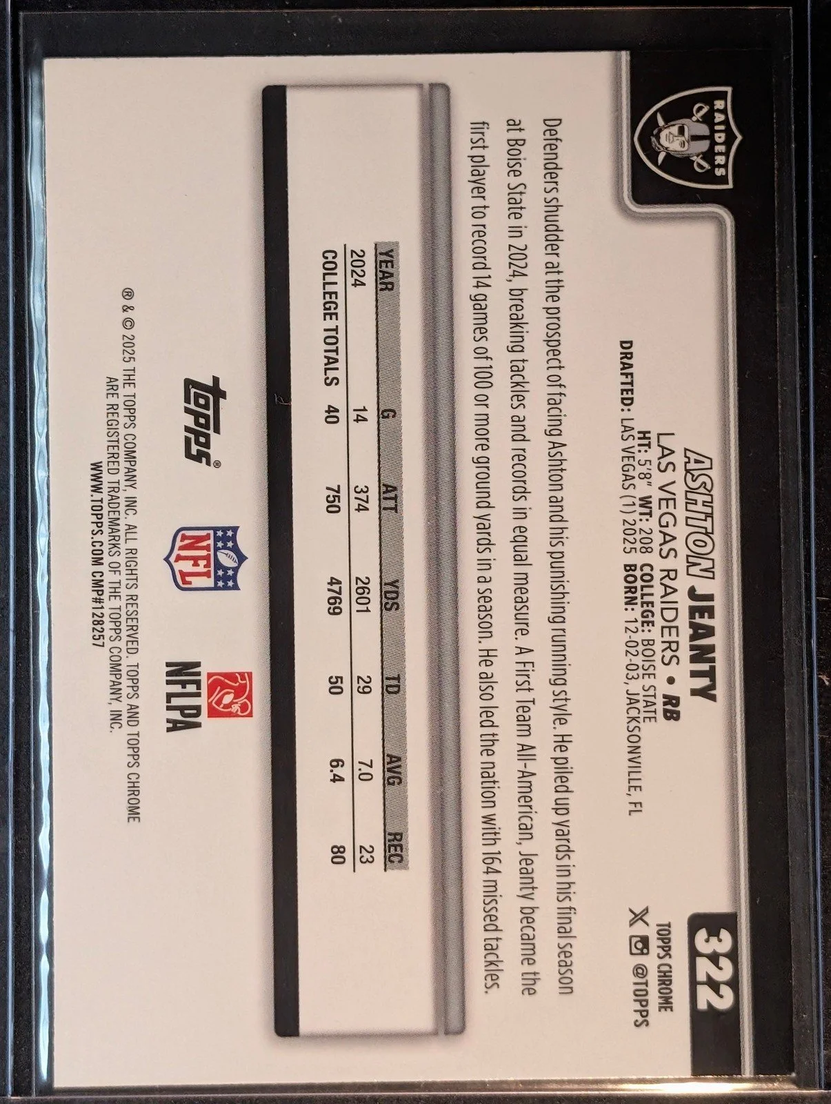 Back of 2025 Topps Chrome #322 Ashton Jeanty
