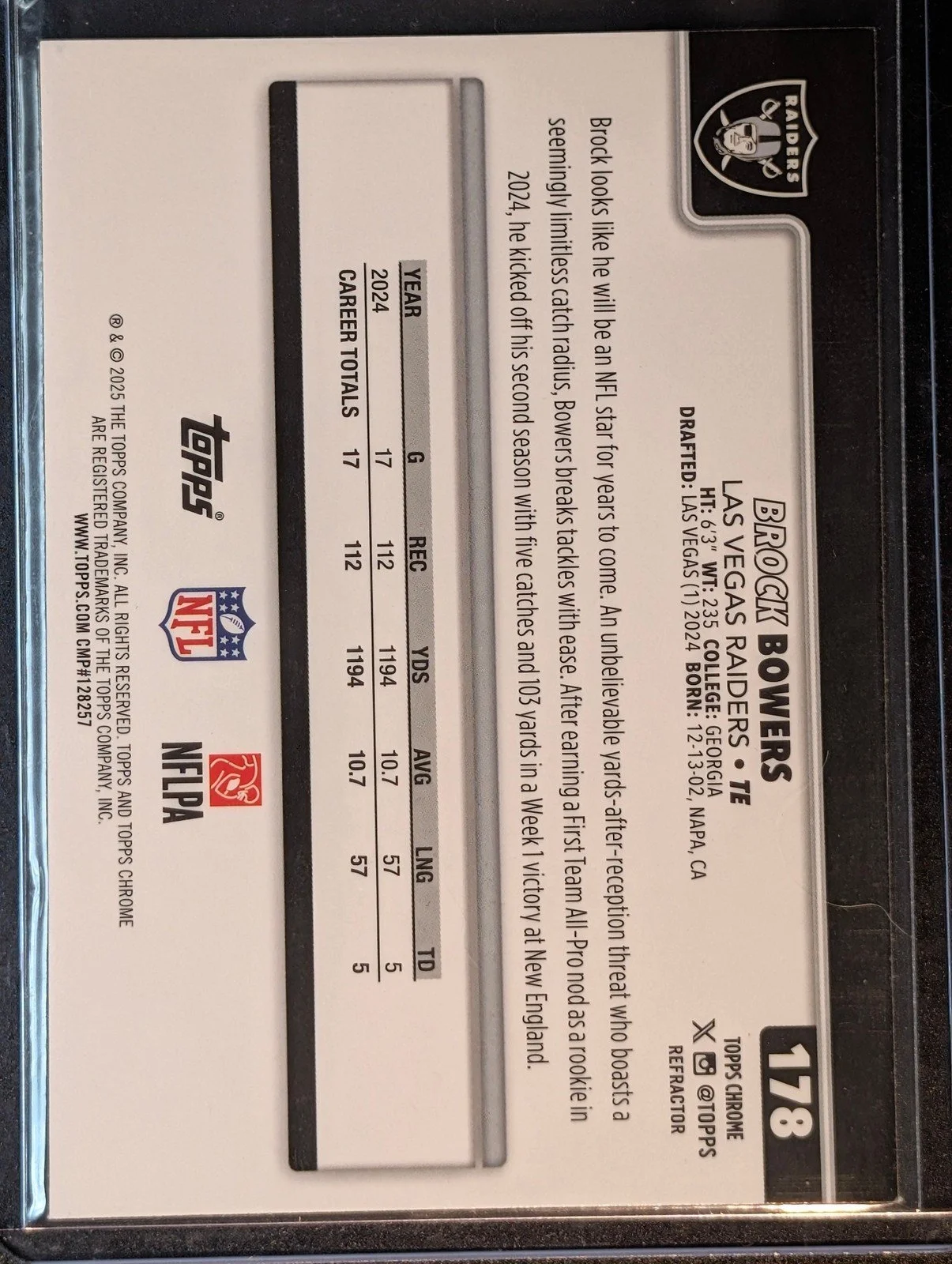 Back of 2025 Topps Chrome #178 Brock Bowers Refractor