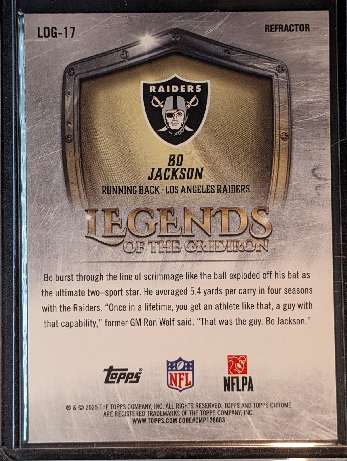 Back of 2025 Topps Chrome #LOG-17 Bo Jackson Legends of the Gridiron Refractor