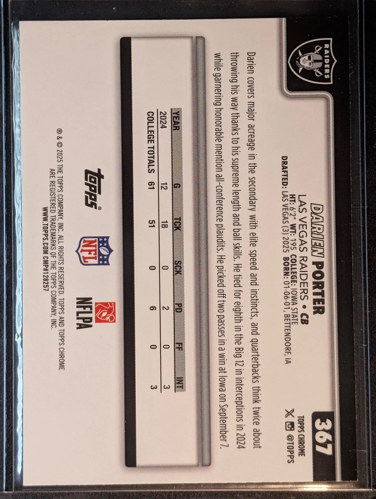 Back of 2025 Topps Chrome #367 Darien Porter X-Fractor