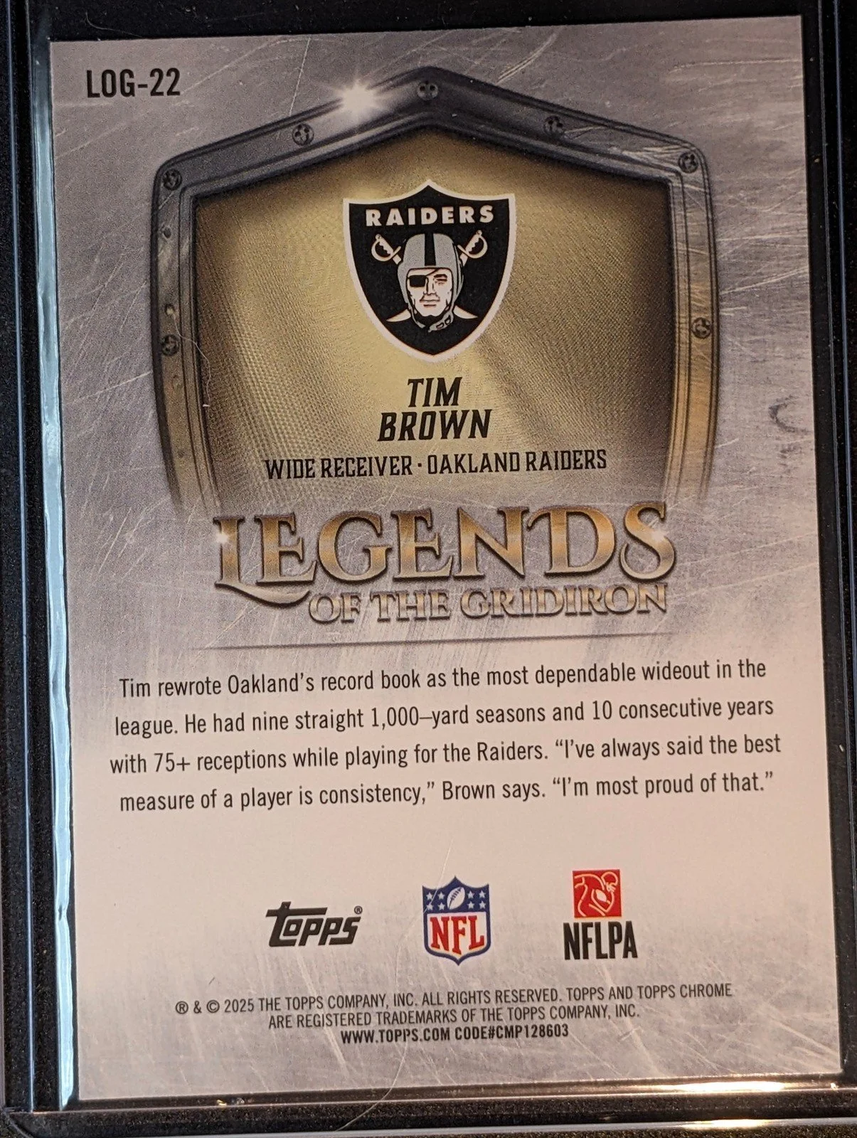 Back of 2025 Topps Chrome #LOG-22 Tim Brown Legends of the Gridiron