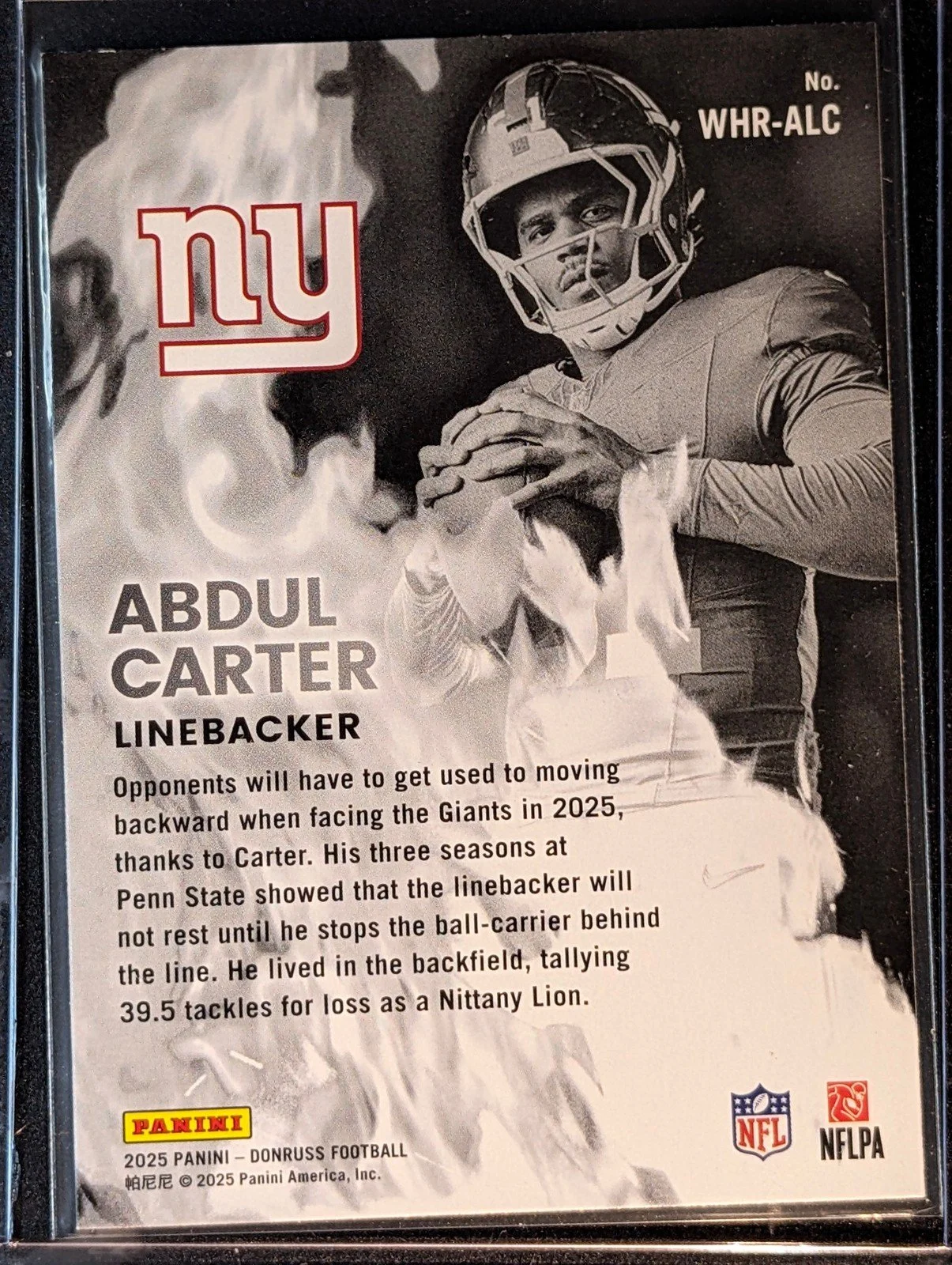 Back of 2025 Donruss #WHR-ALC Abdul Carter White Hot Rookies