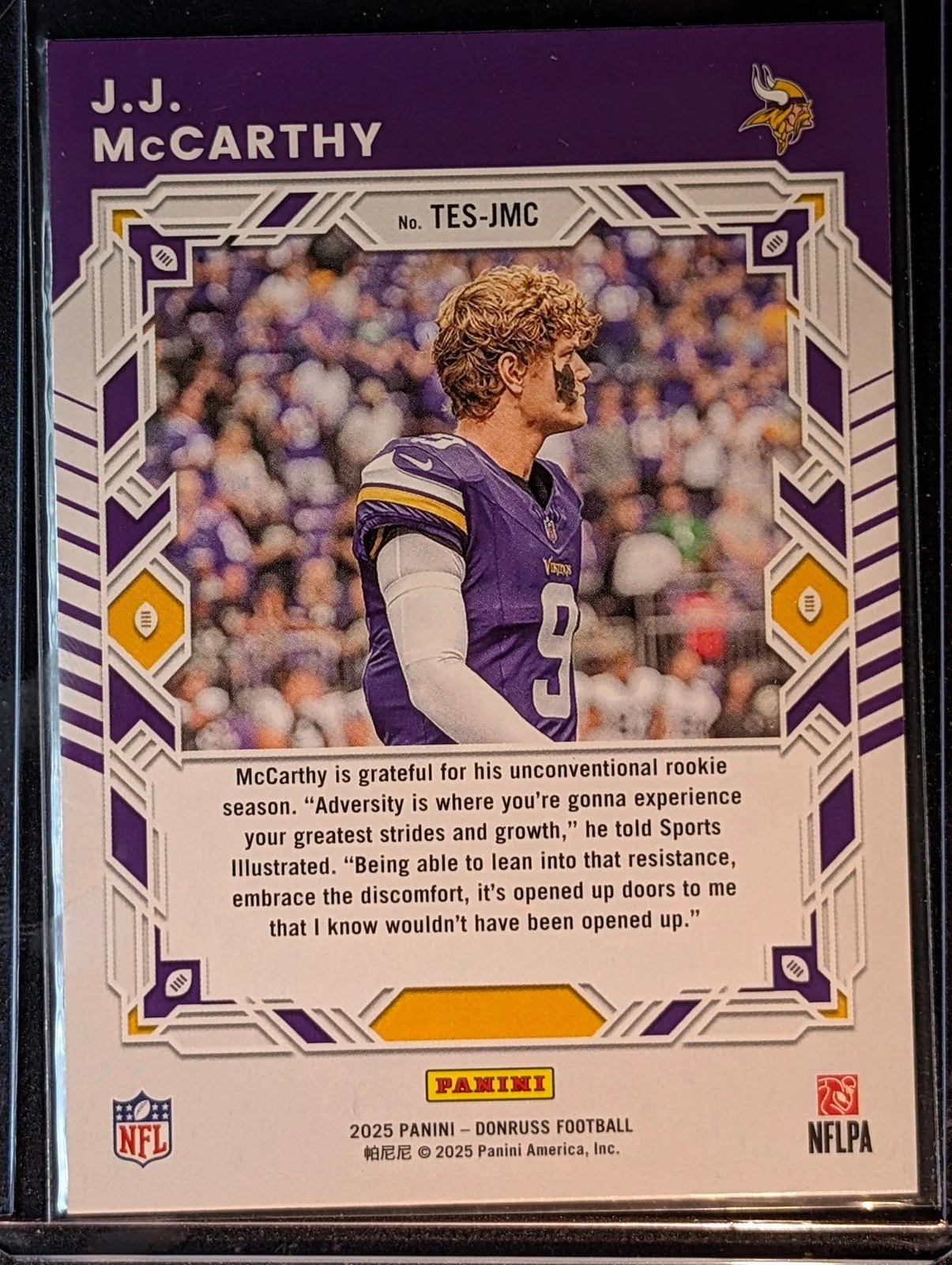 Back of 2025 Donruss #TES-JMC J.J. McCarthy Elite Series