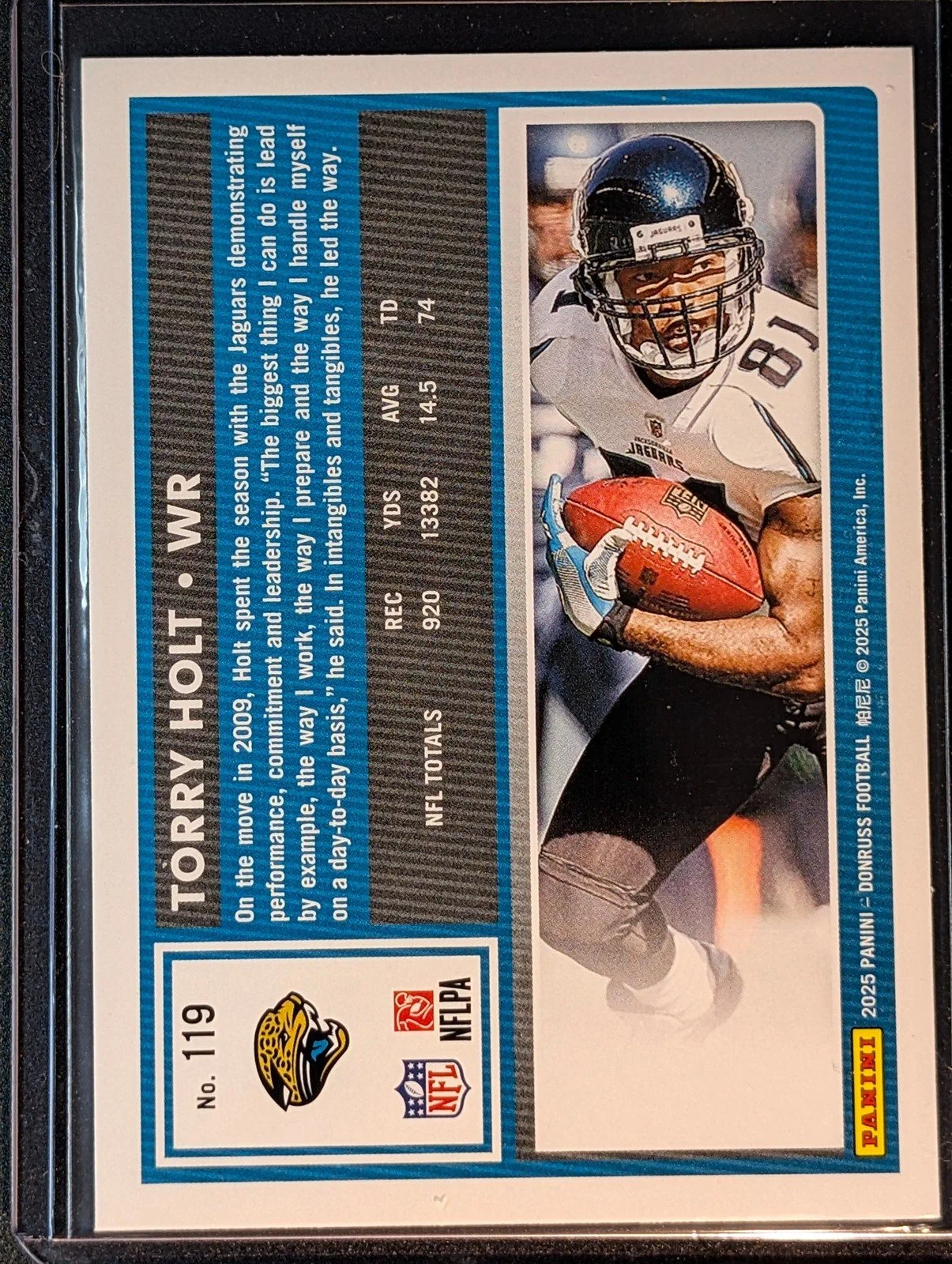 Back of 2025 Donruss #119 Torry Holt Press Proofs Green