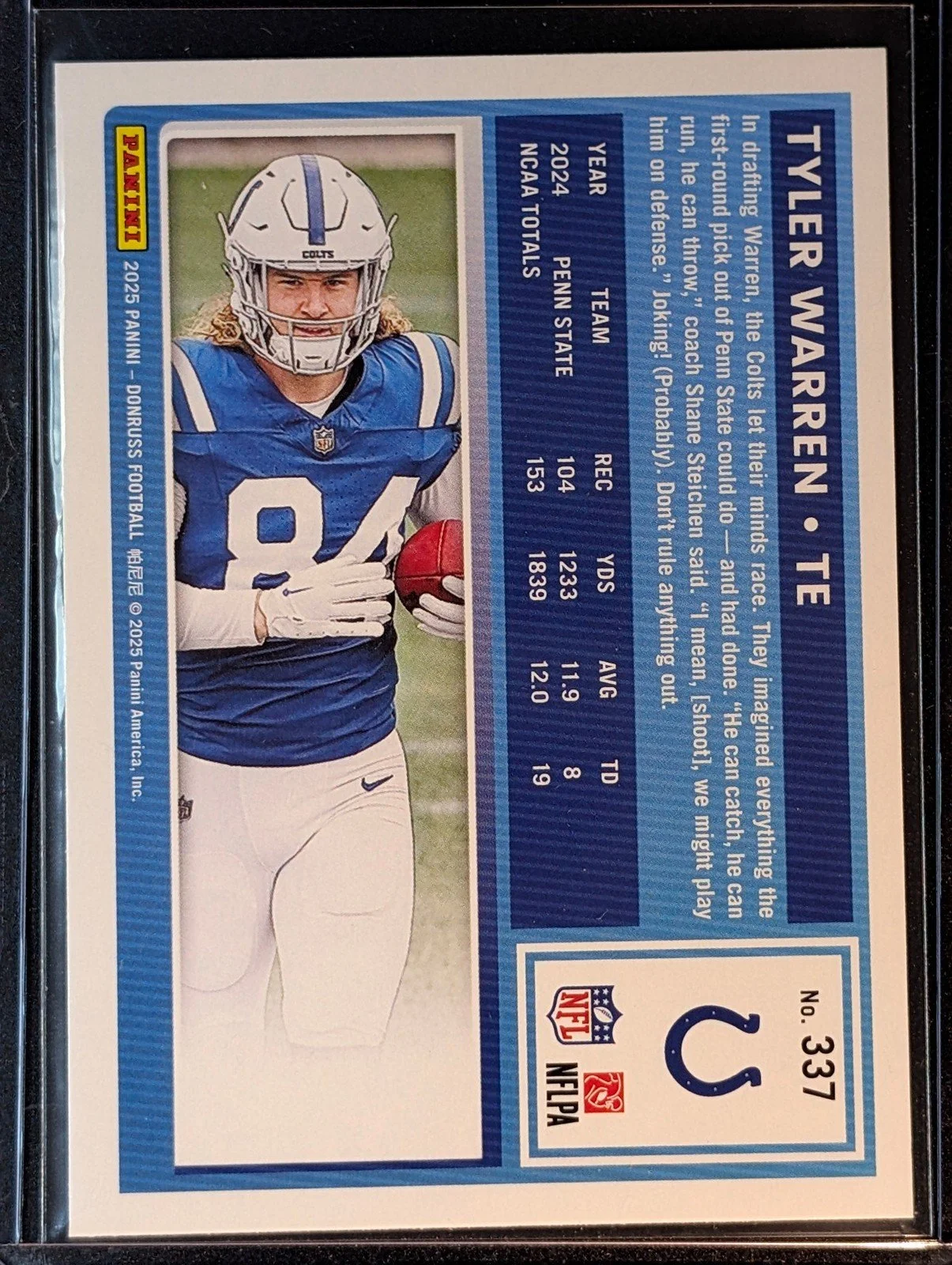Back of 2025 Donruss #337 Tyler Warren Rated Rookie