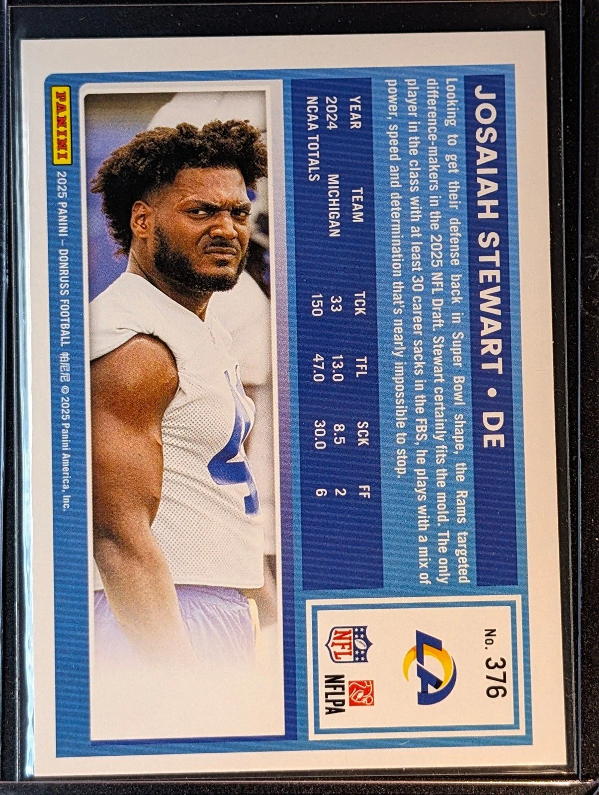 Back of 2025 Donruss #376 Josaiah Stewart Press Proofs Green