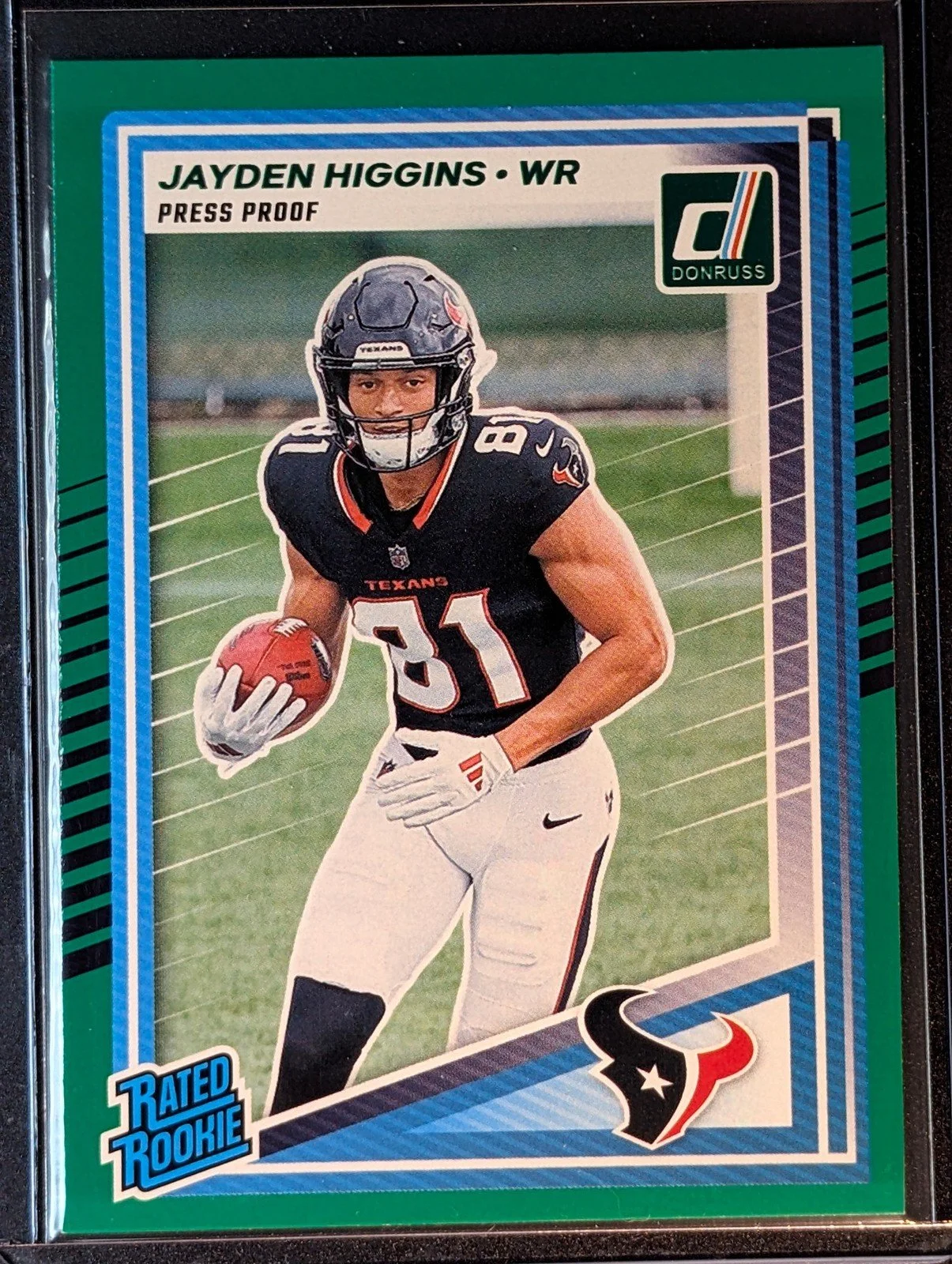 Front of 2025 Donruss #334 Jayden Higgins Rated Rookie Press Proofs Green