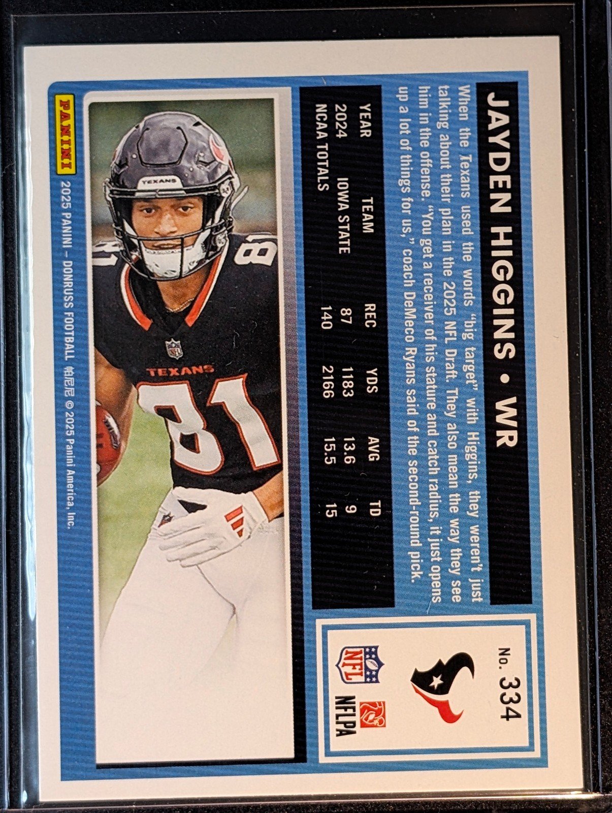 Back of 2025 Donruss #334 Jayden Higgins Rated Rookie Press Proofs Green