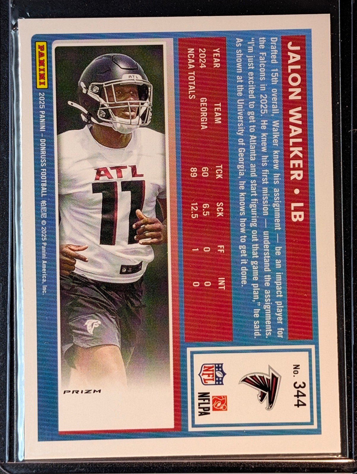 Back of 2025 Donruss #344 Jalon Walker Optic Rated Rookies Preview Pink