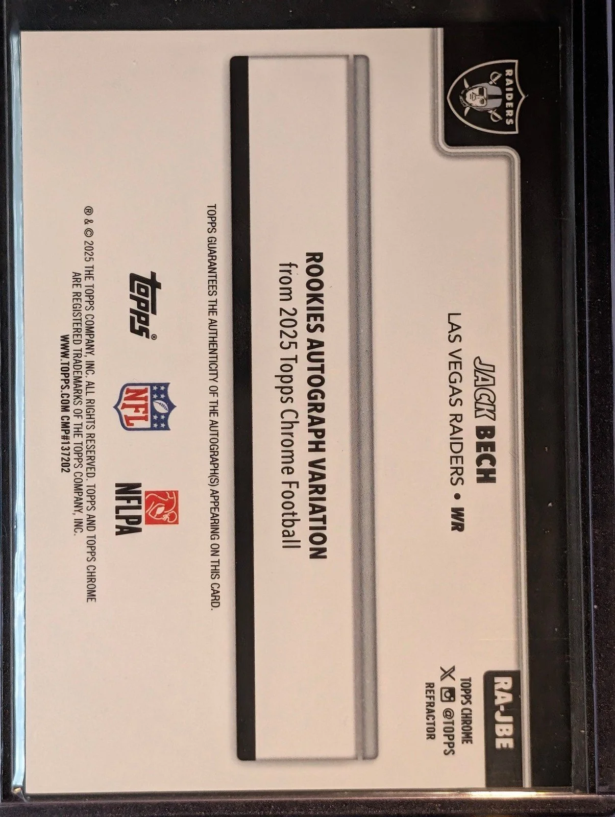 Back of 2025 Topps Chrome #RA-JBE Jack Bech Chrome Rookie Autographs Refractor #/499