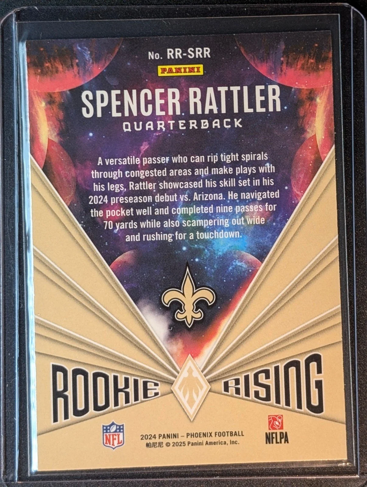Back of 2024 Panini Phoenix #RR-SRR Spencer Rattler Rookie Rising