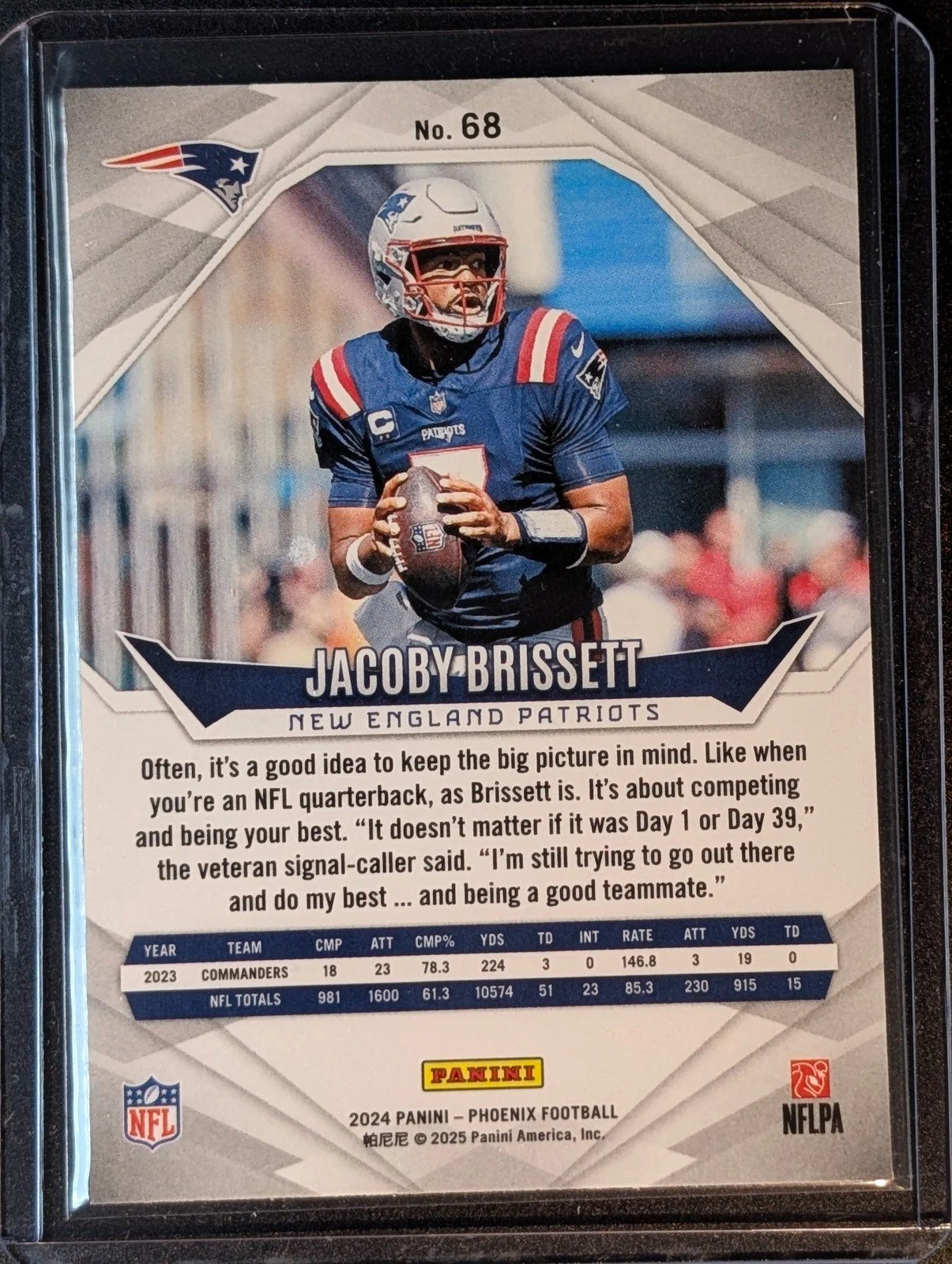 Back of 2024 Panini Phoenix #68 Jacoby Brissett Purple