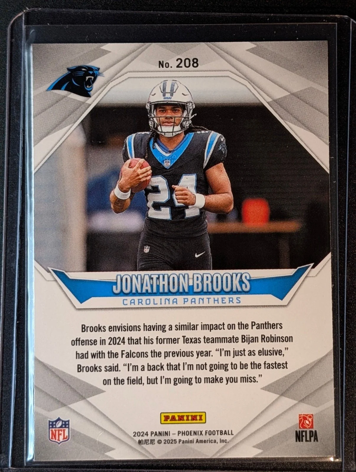 Back of 2024 Panini Phoenix #208 Jonathon Brooks Purple Hyper
