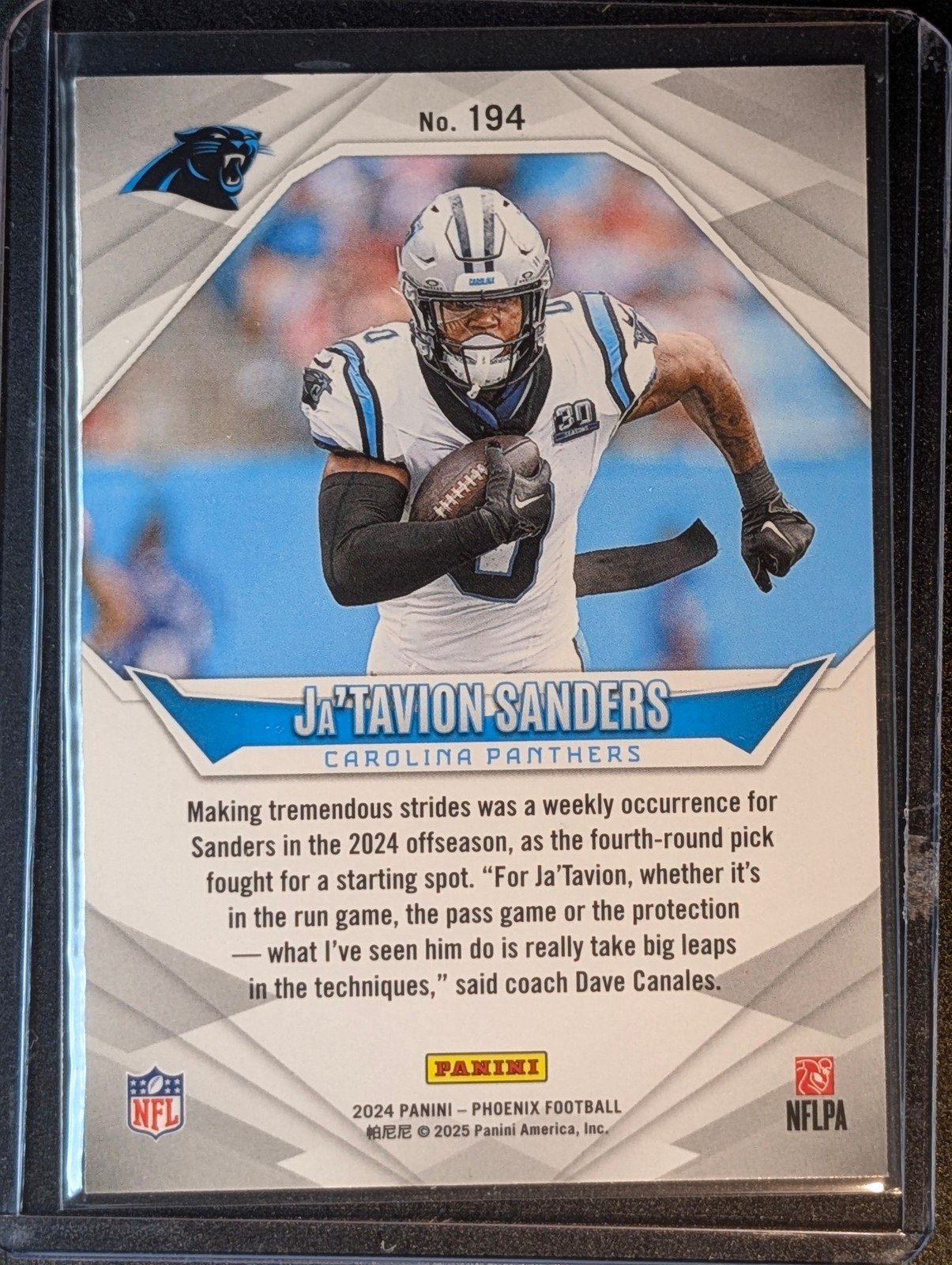 Back of 2024 Panini Phoenix #194 Ja'Tavion Sanders Rookie
