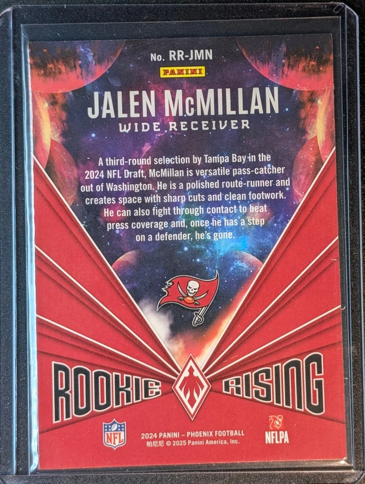 Back of 2024 Panini Phoenix #RR-JMN Jalen McMillan Rookie Rising Orange