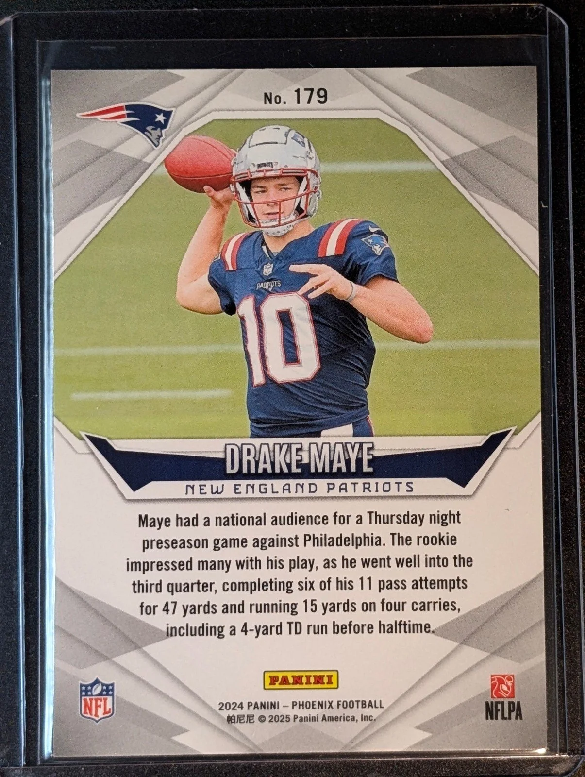 Back of 2024 Panini Phoenix #179 Drake Maye Rookie