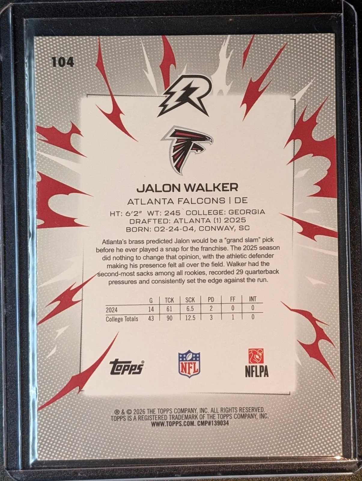 Back of 2025 Topps Resurgence #104 Jalon Walker Rookie