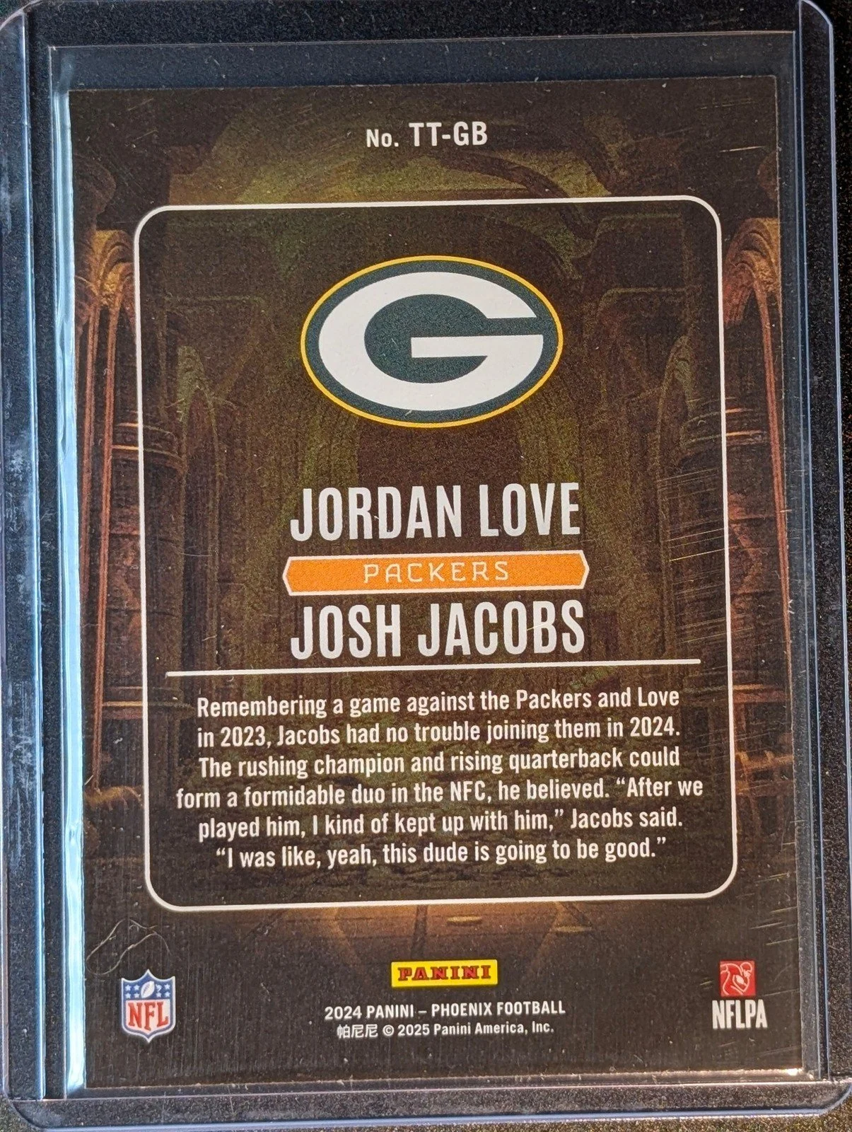 Back of 2024 Panini Phoenix #TT-GB Jordan Love / Josh Jacobs Treasured Tandems