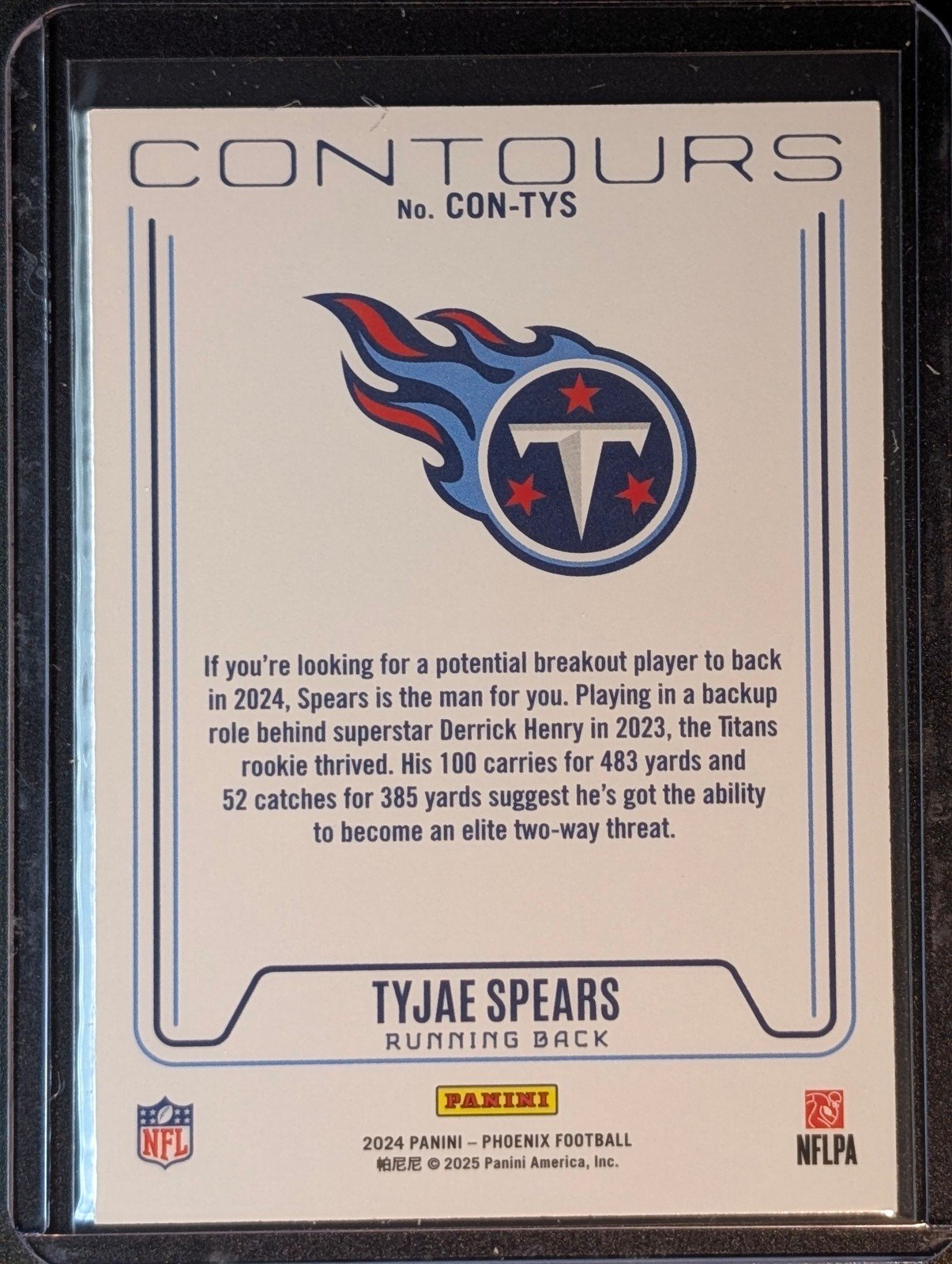Back of 2024 Panini Phoenix #CON-TYS Tyjae Spears Contours