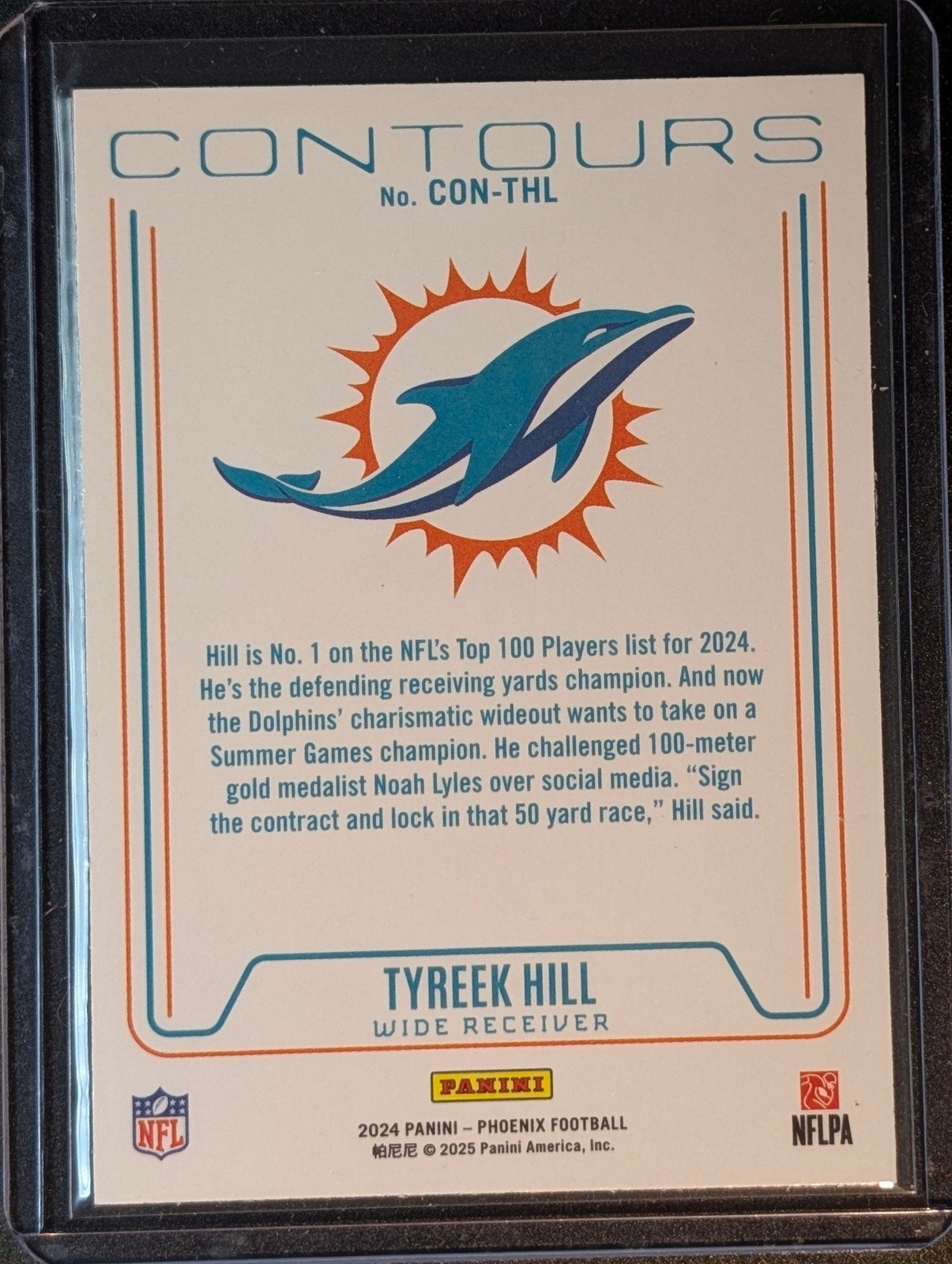 Back of 2024 Panini Phoenix #CON-THL Tyreek Hill Contours