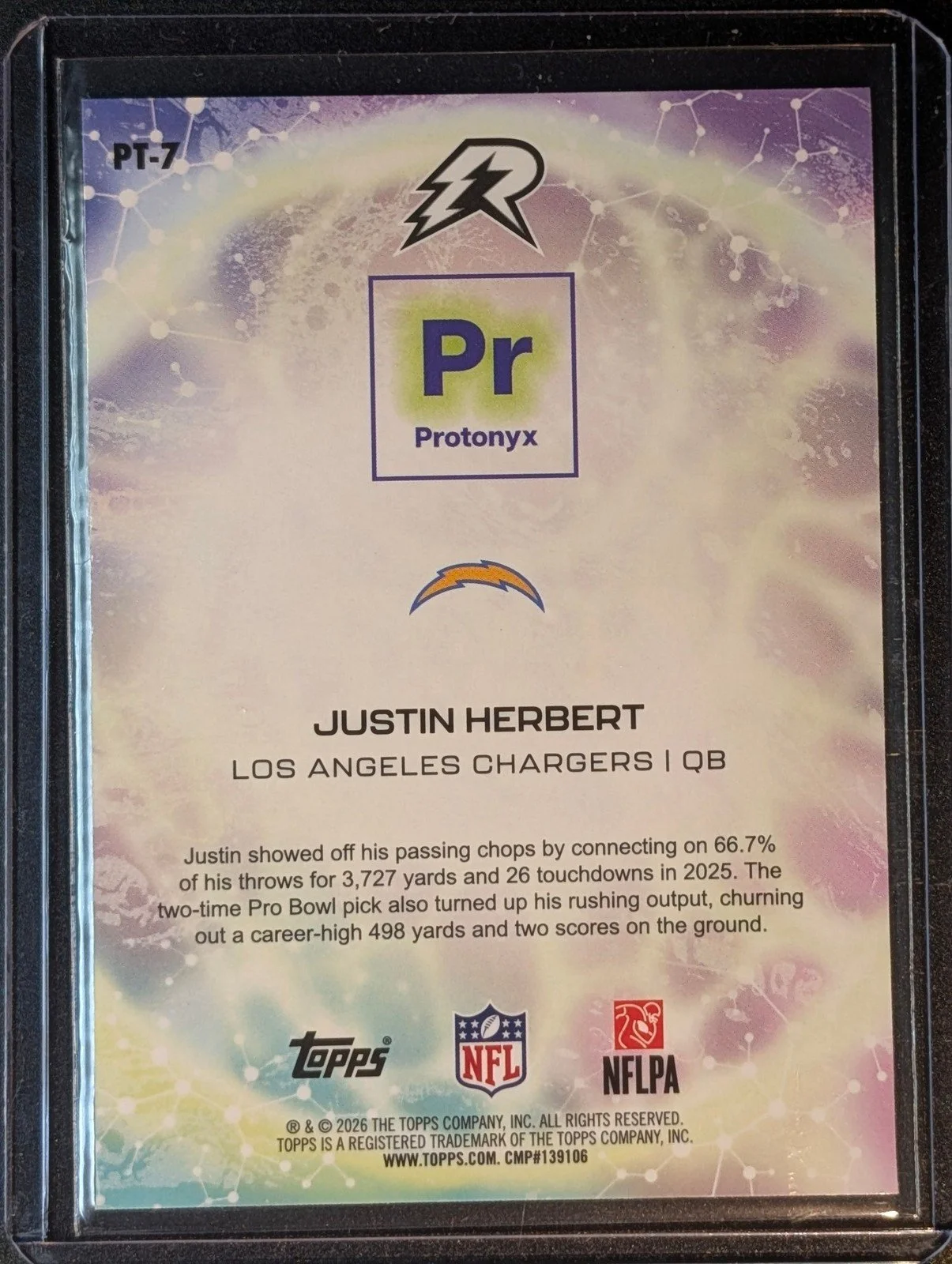 Back of 2025 Topps Resurgence #PT-7 Justin Herbert Protonyx