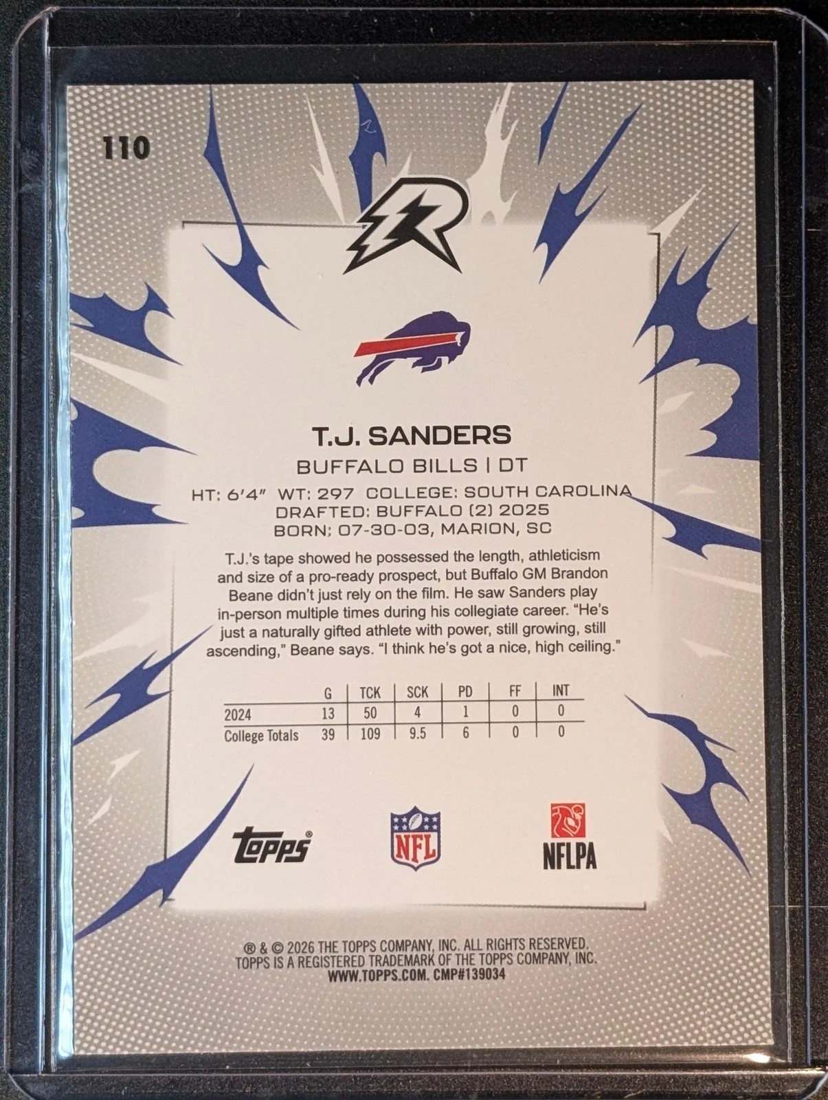 Back of 2025 Topps Resurgence #110 T.J. Sanders Rookie