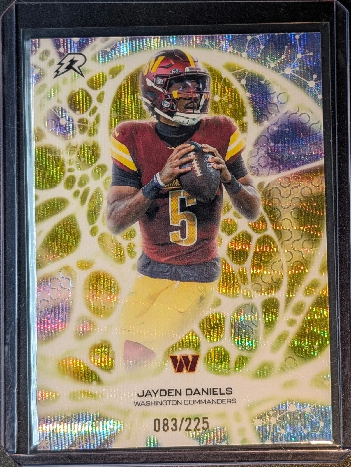 Front of 2025 Topps /225 Jayden Daniels Protonyx Yellow Surge Refractor #PT-15