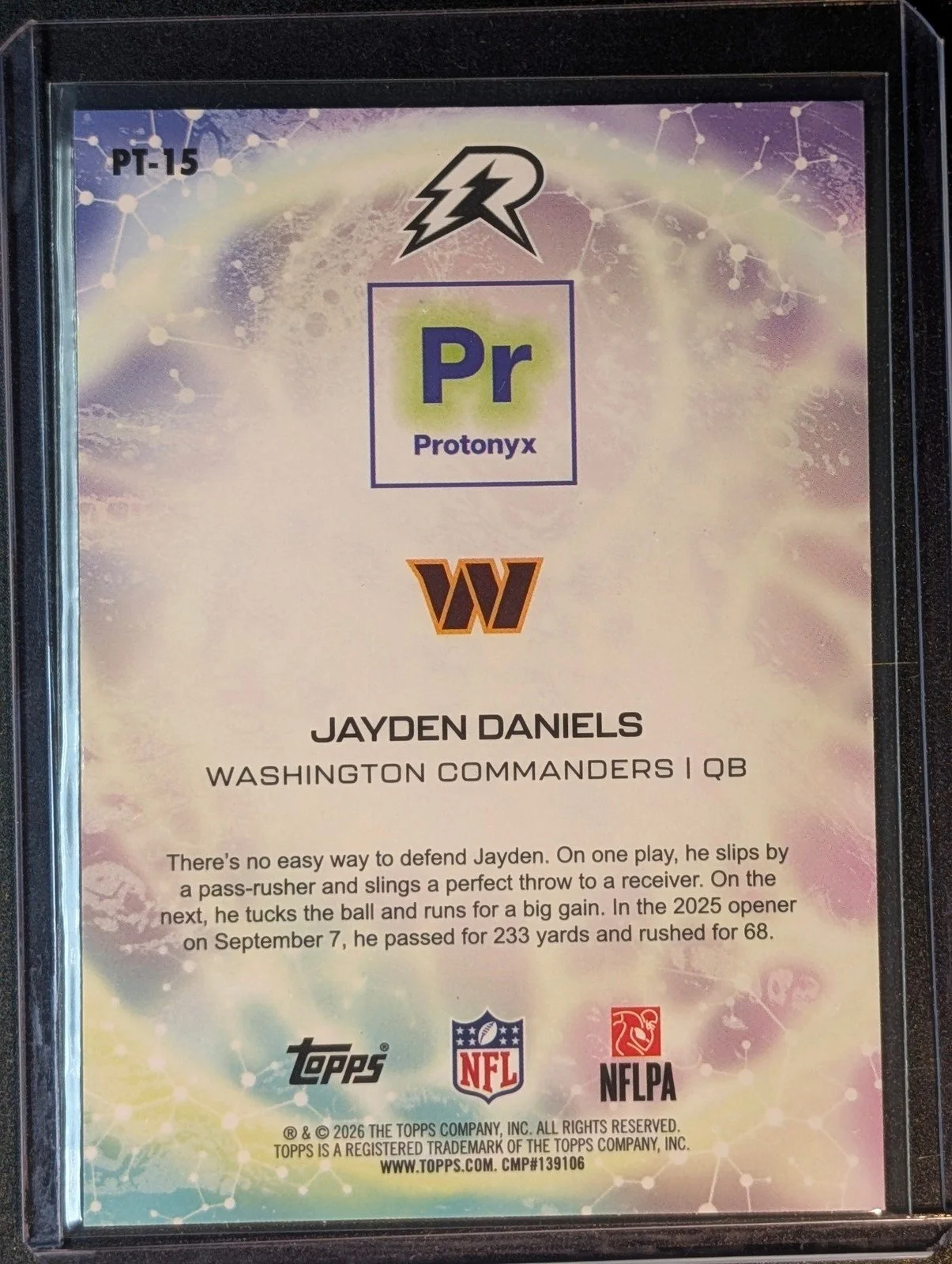 Back of 2025 Topps /225 Jayden Daniels Protonyx Yellow Surge Refractor #PT-15