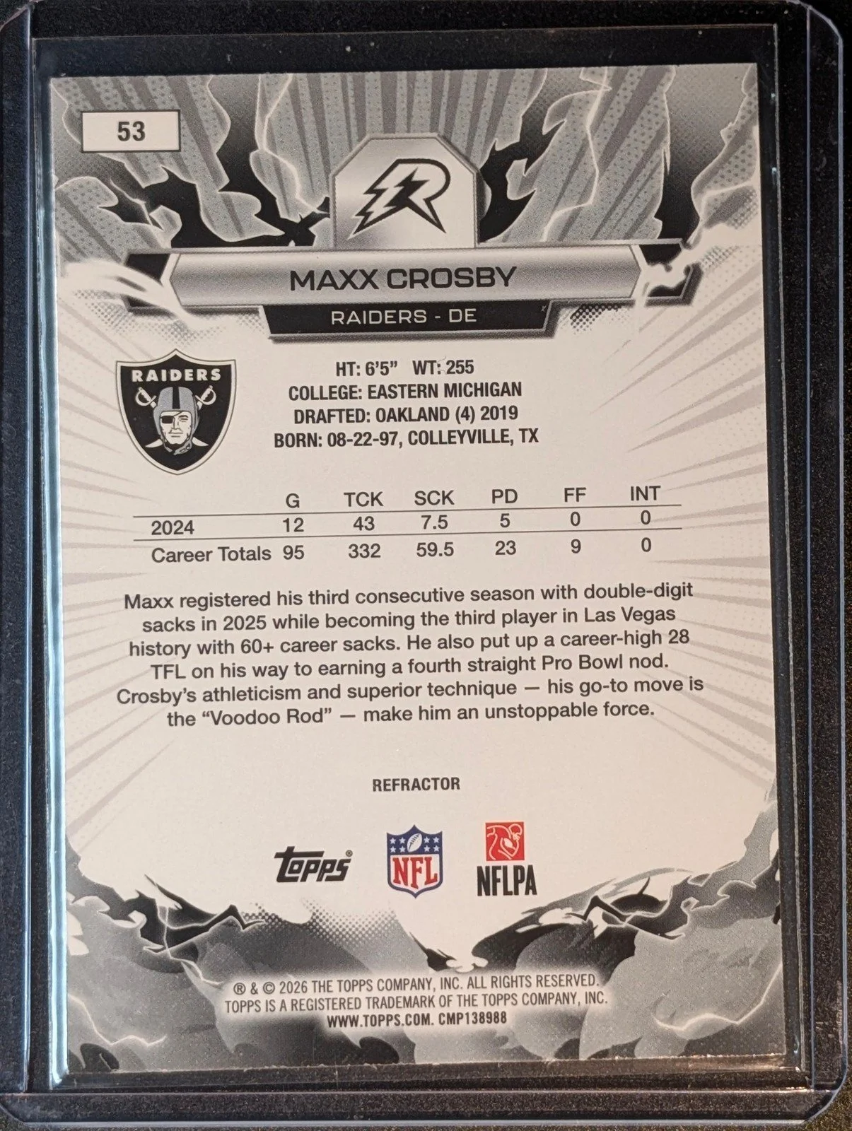Back of 2025 Topps Resurgence #53 Maxx Crosby Refractor