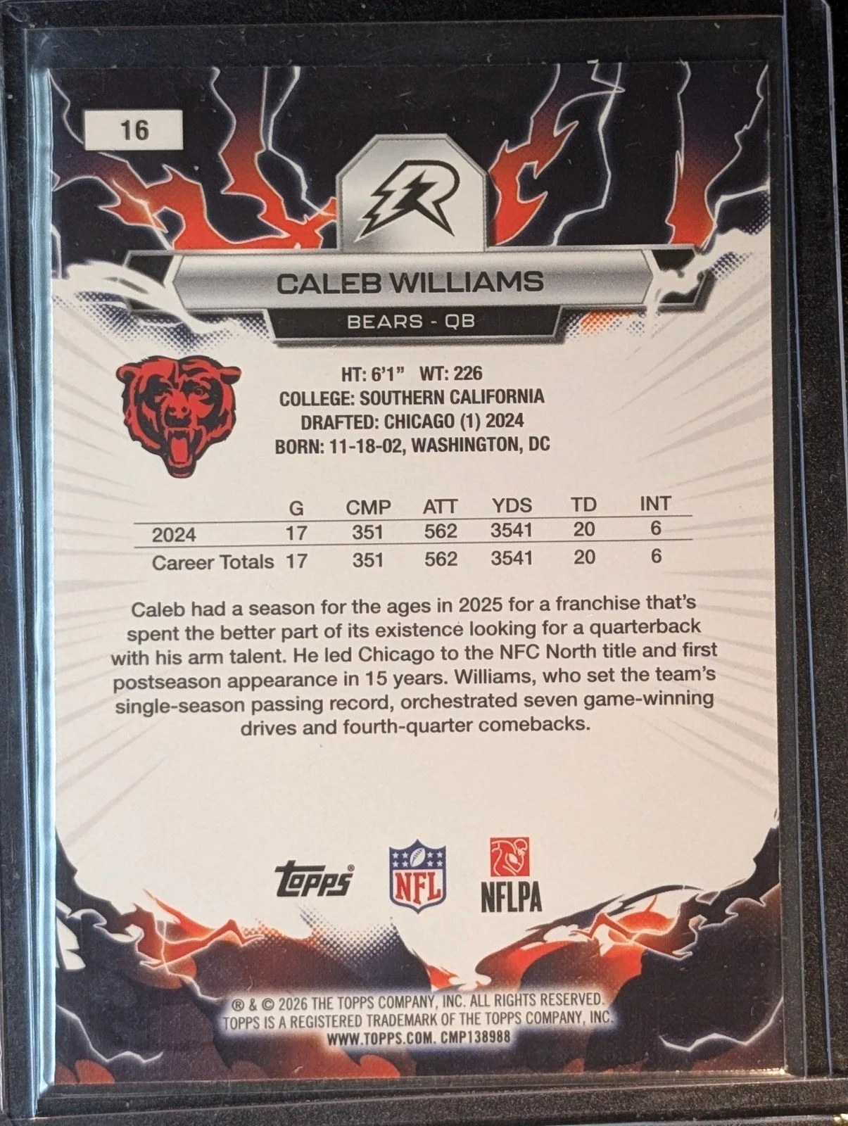 Back of 2025 Topps Resurgence #16 Caleb Williams