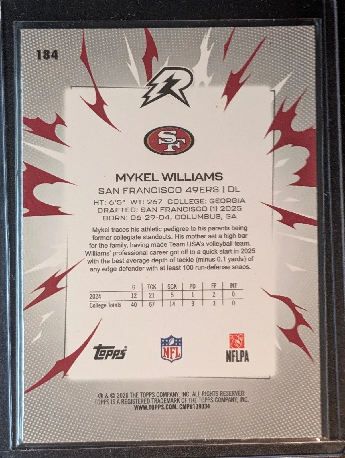 Back of 2025 Topps Resurgence #184 Mykel Williams Prism Refractor