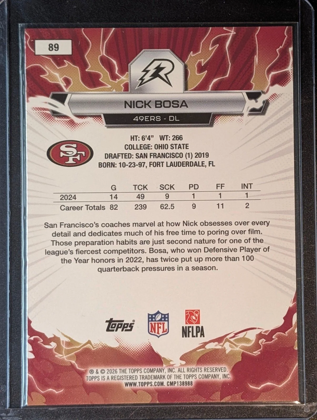 Back of 2025 Topps Resurgence #89 Nick Bosa Blue & Orange Spark Refractor