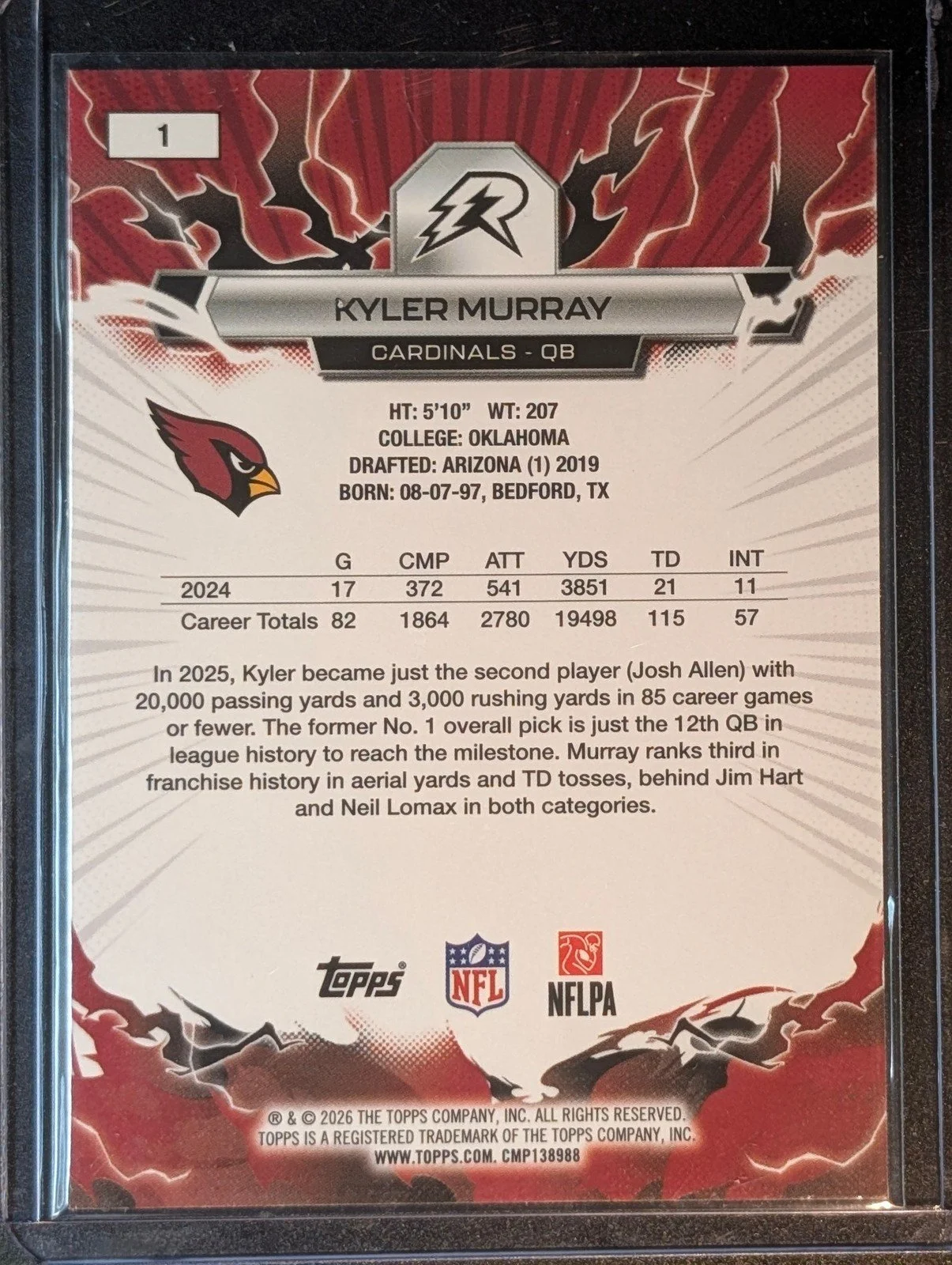 Back of 2025 Topps Resurgence #1 Kyler Murray