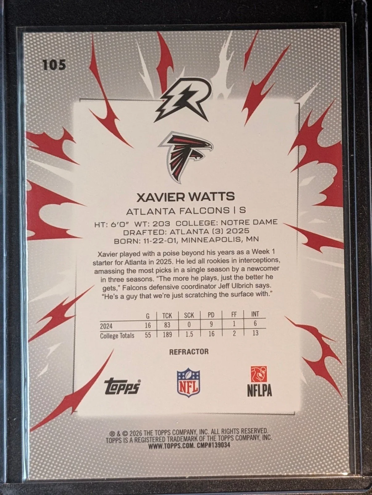 Back of 2025 Topps Resurgence #105 Xavier Watts Refractor Rookie