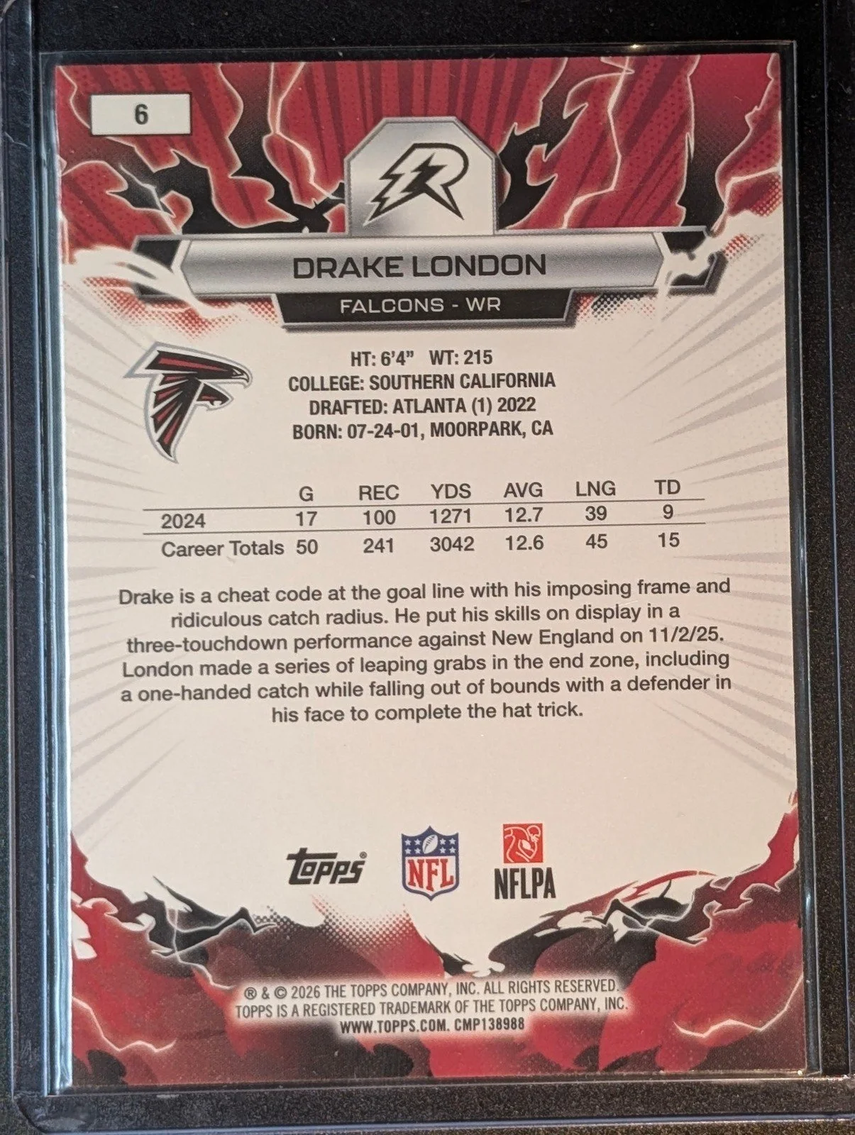 Back of 2025 Topps Resurgence #6 Drake London Blue & Orange Spark Refractor