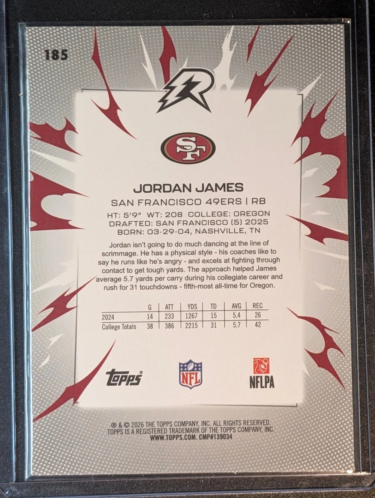 Back of 2025 Topps Resurgence #185 Jordan James Blue & Orange Spark Refractor